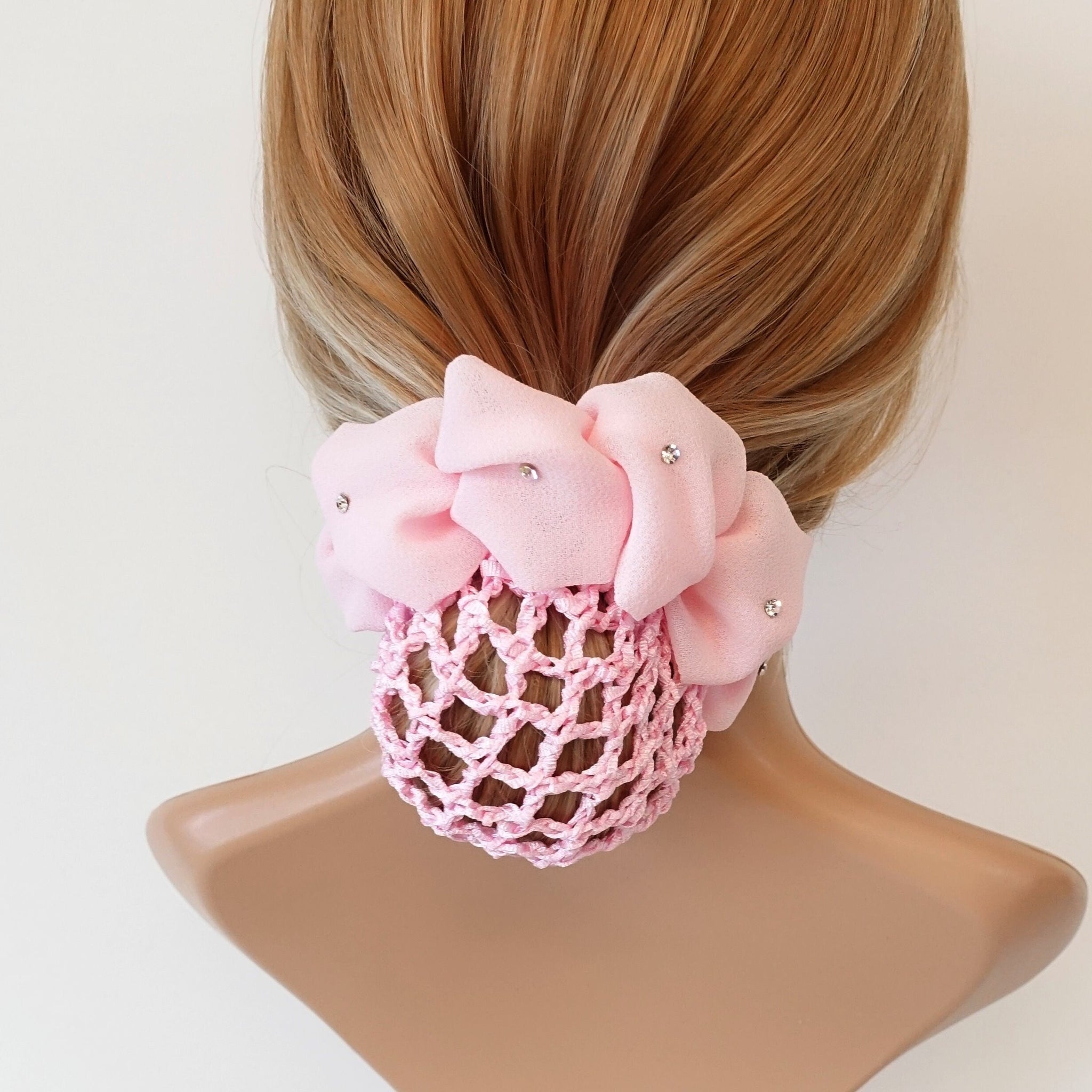 veryshine.com Barrette (Bow) Pink side rhinestone pearl embellished chiffon bun net snood hair claw clip