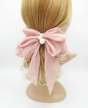 veryshine.com claw/banana/barrette Peach pink pleated chiffon hair bow pearl embellished long tail french barrette women hair accessory