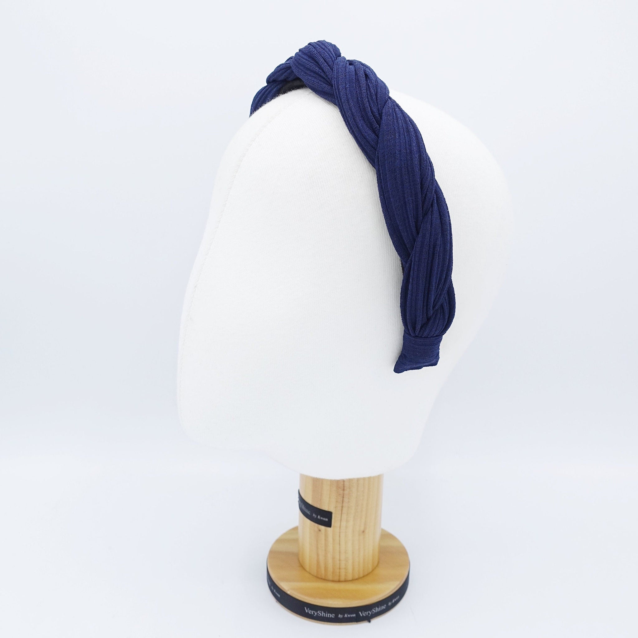 veryshine.com Headband Navy corrugated knit braided pleated cross headband for women