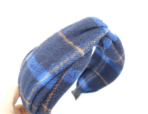 veryshine.com Headband Navy plaid check woolen headband cross twist hairband Fall Winter hair accessory for women