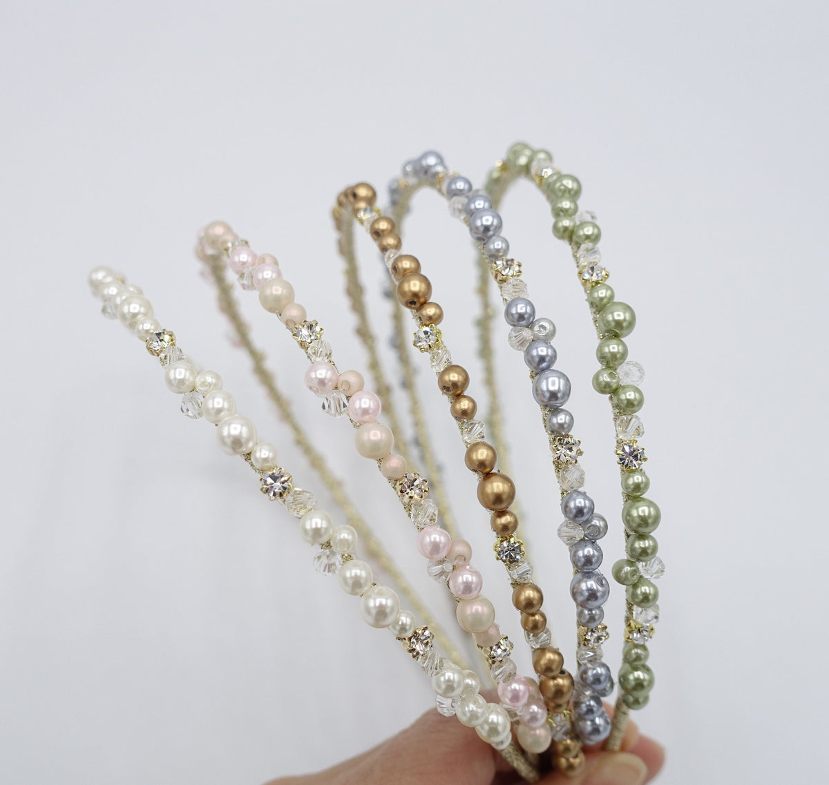 Pearl & Crystal Skinny headband Rochelle Gold Narrow Crystal and Pearl Headband main image 4