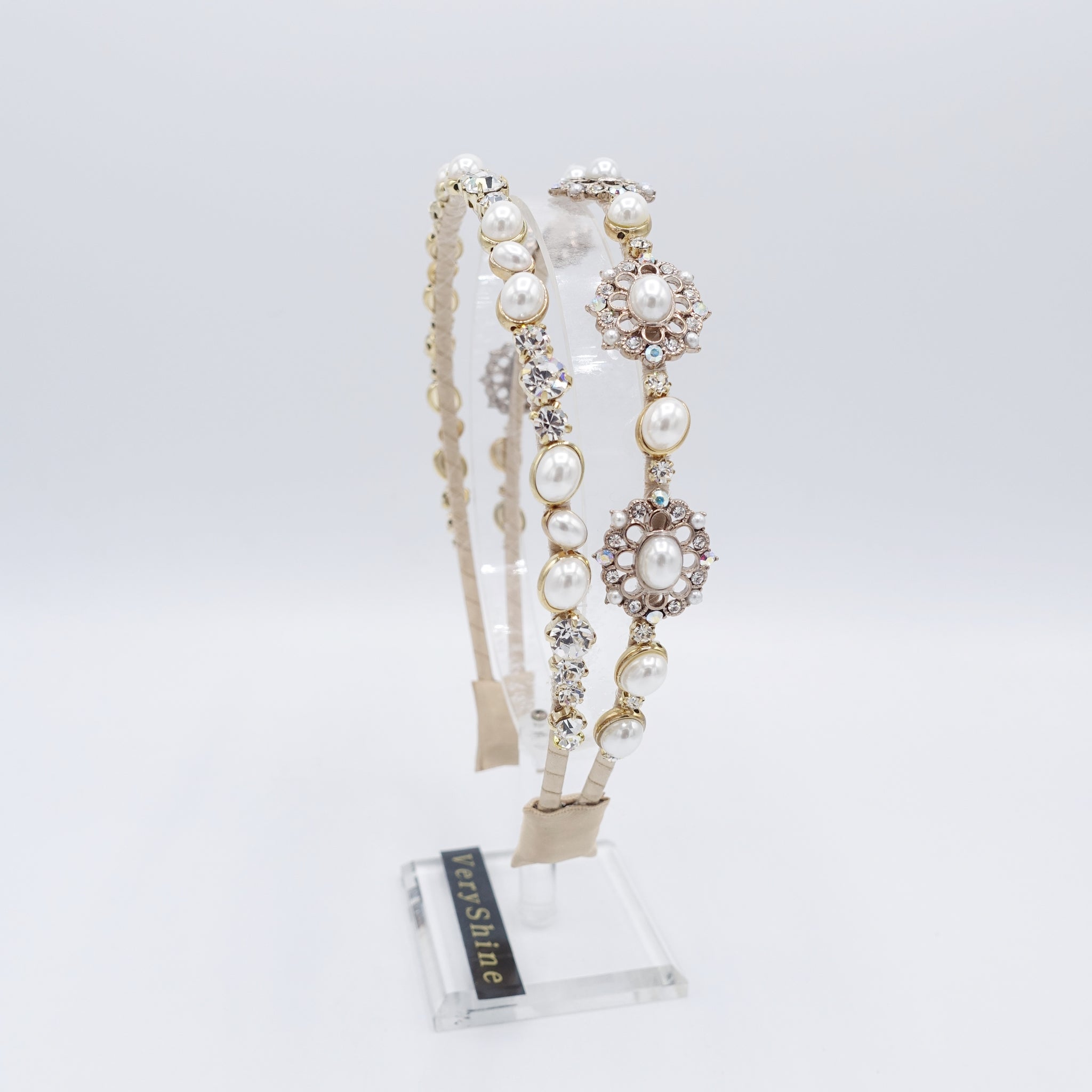 pearl rhinestone double headband antique style jewel hairband for women