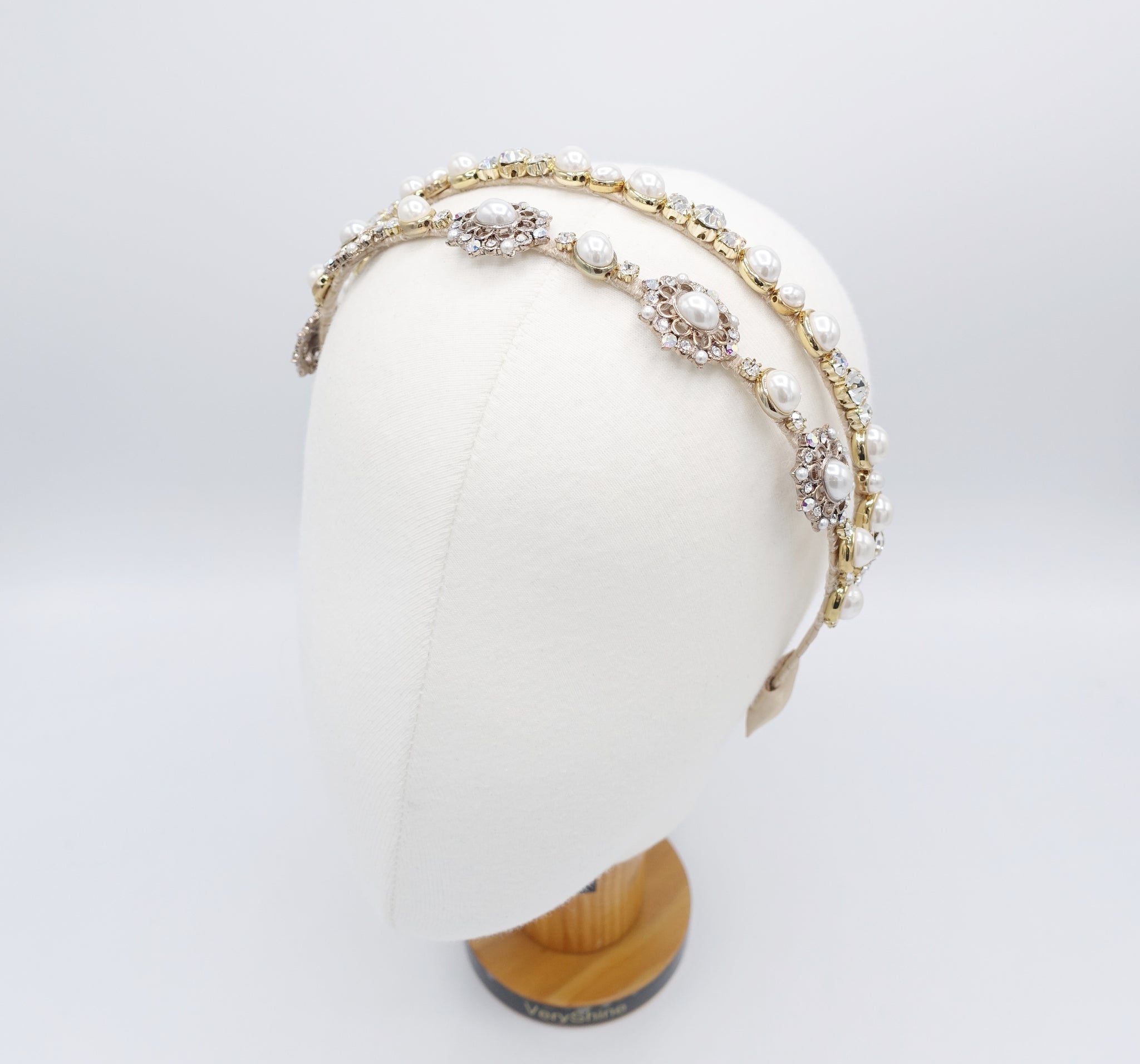 pearl rhinestone double headband antique style jewel hairband for women