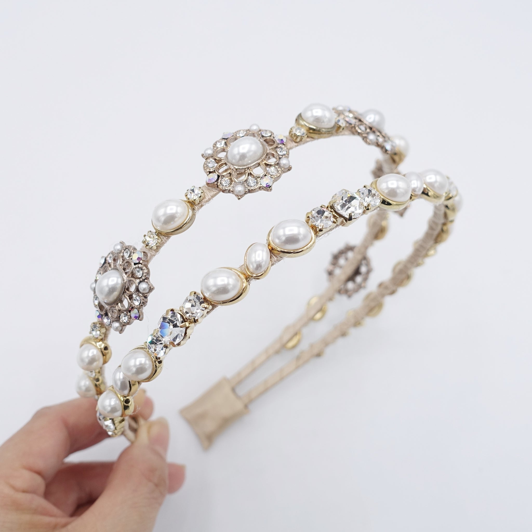 pearl rhinestone double headband antique style jewel hairband for women