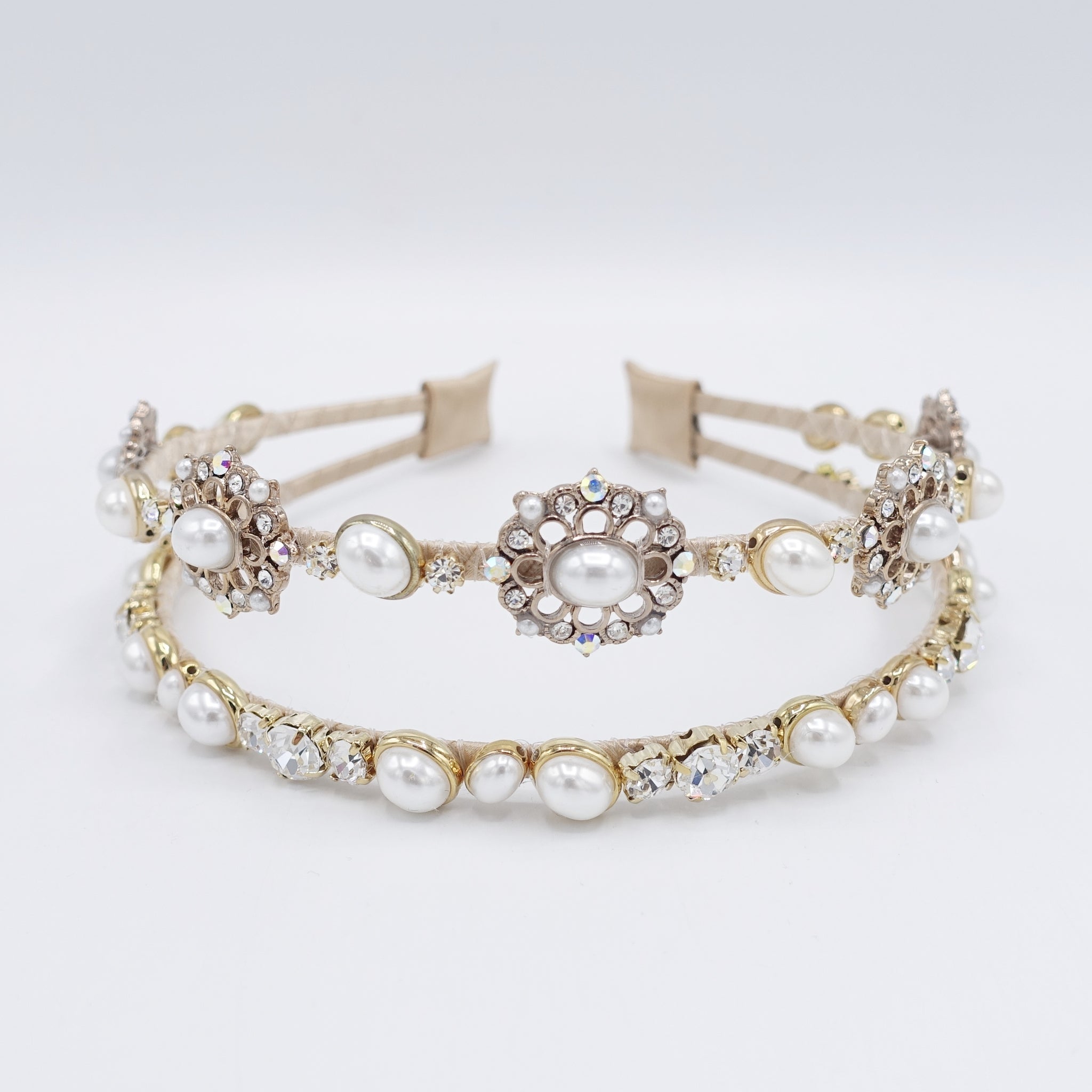 pearl rhinestone double headband antique style jewel hairband for women