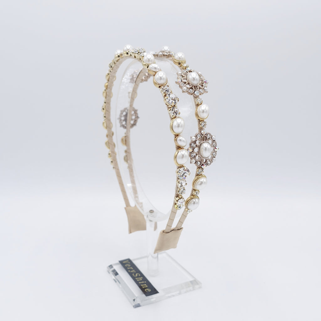 pearl rhinestone double headband antique style jewel hairband for women