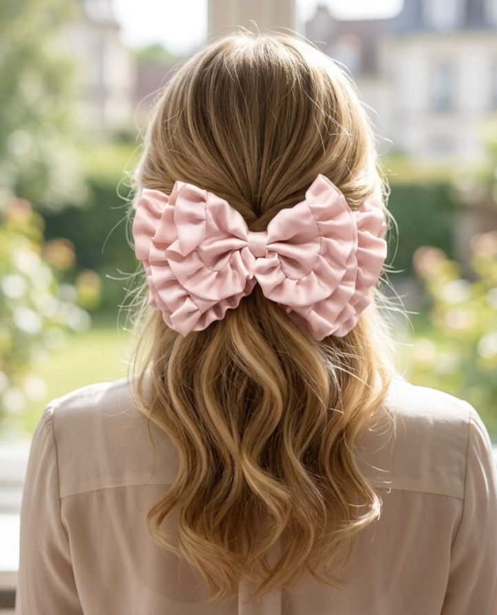Large Ruffled Satin Hair Bow Barrette, Oversized Tiered Silk Clip, Romantic Balletcore Accessory