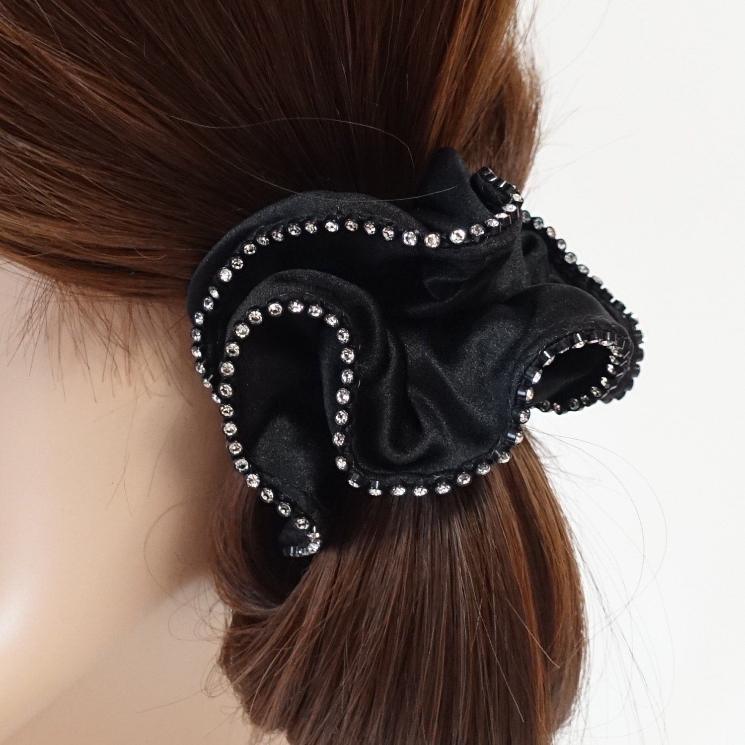 Swarovski Crystal Trim Black Satin Hair Elastics Scrunchies Gift Women Hair Accessories
