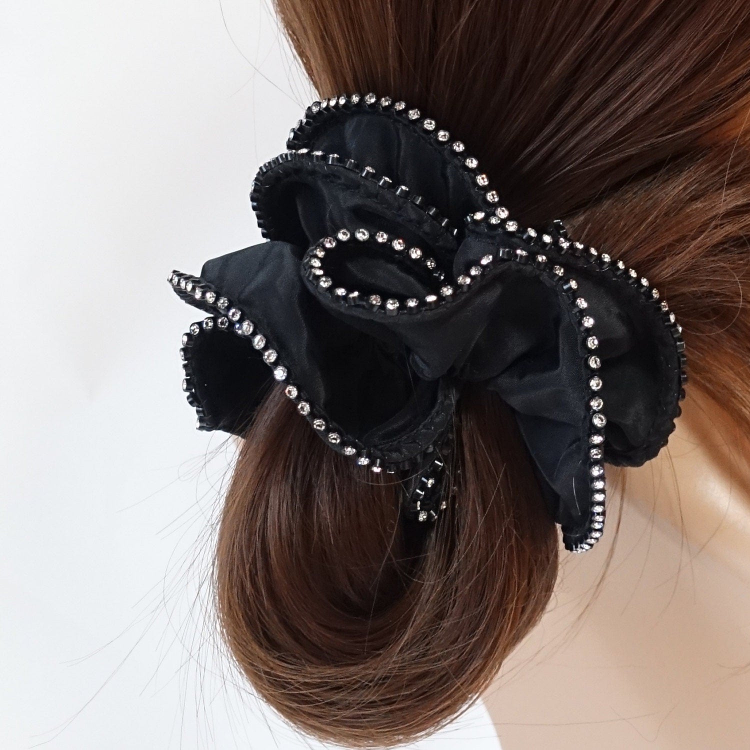 Swarovski Crystal Trim Black Satin Hair Elastics Scrunchies Gift Women Hair Accessories