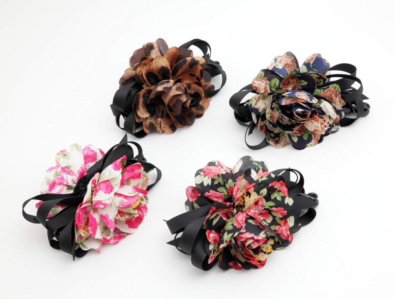 Flower Print Petal Flower Banana Hair Clip Strap Bow Decorated Women Hair Accessory