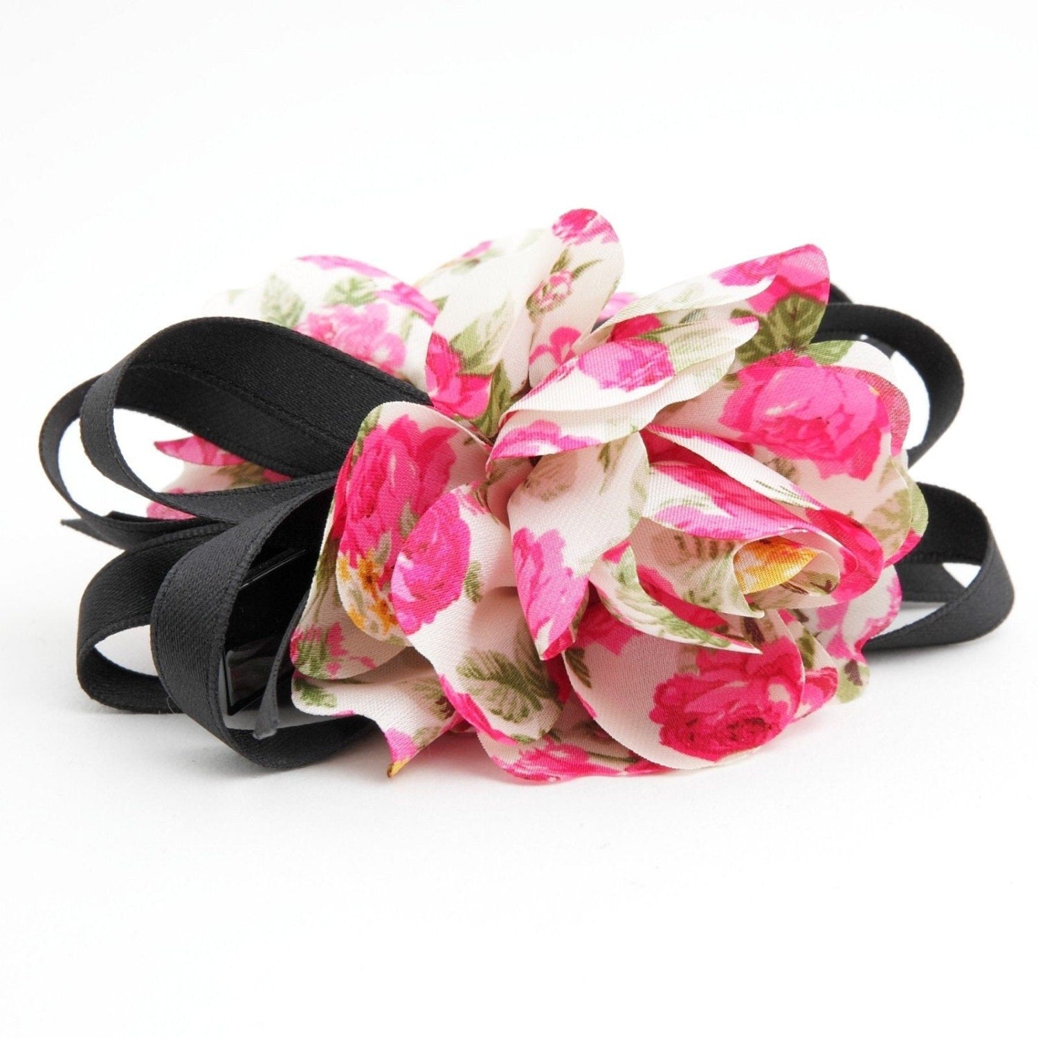 Flower Print Petal Flower Banana Hair Clip Strap Bow Decorated Women Hair Accessory