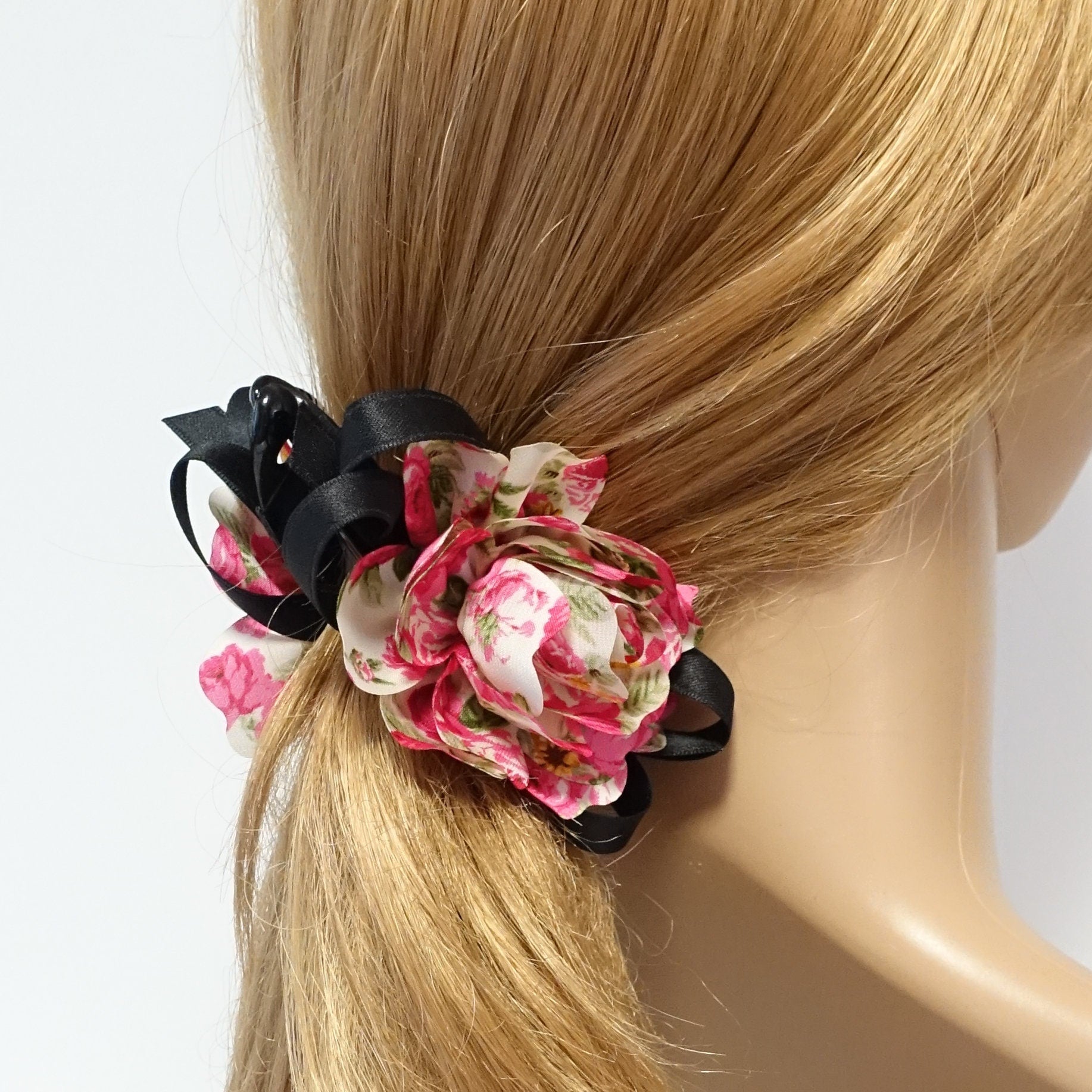 Flower Print Petal Flower Banana Hair Clip Strap Bow Decorated Women Hair Accessory