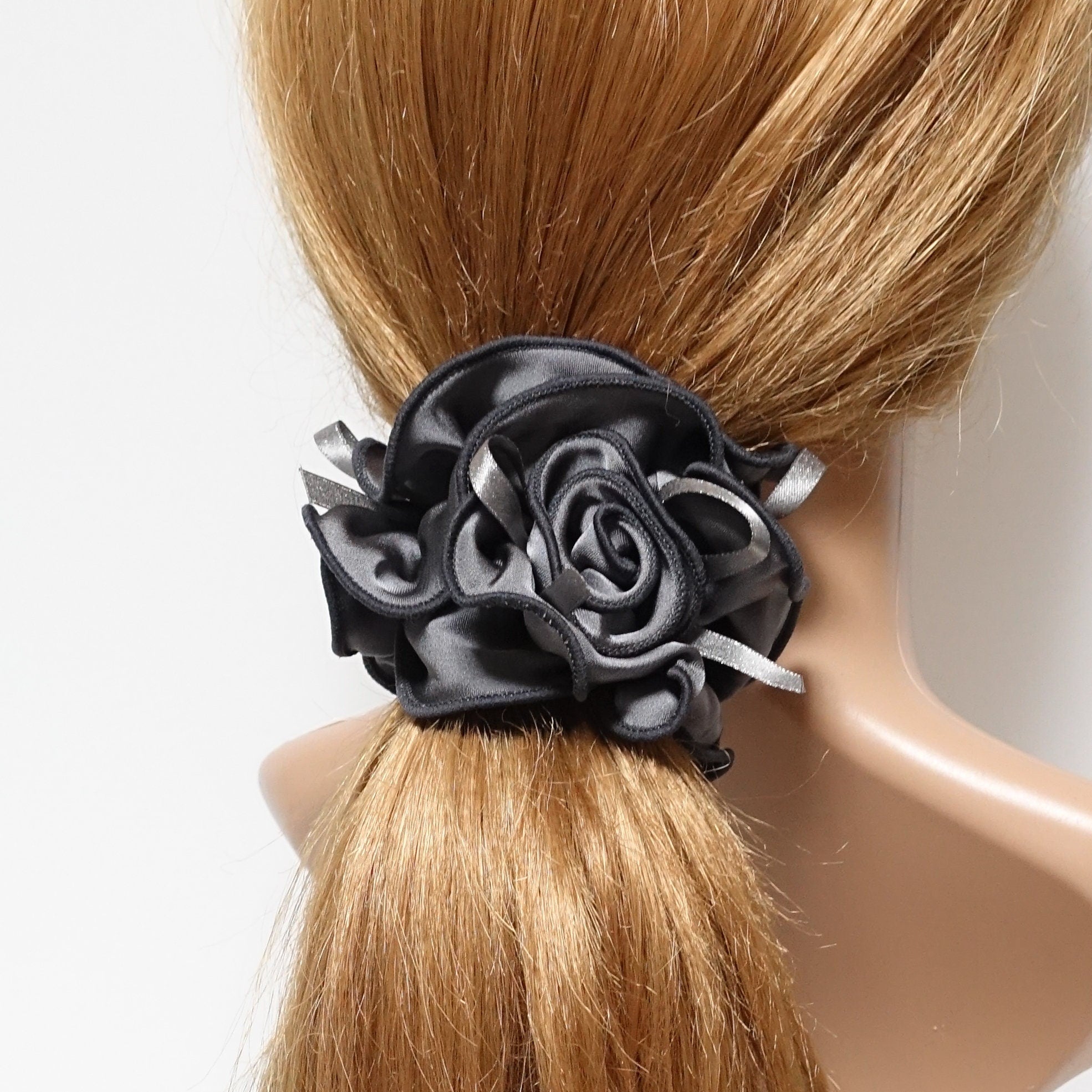 glossy satin flower decorated hair scrunchies woman hair scrunchy