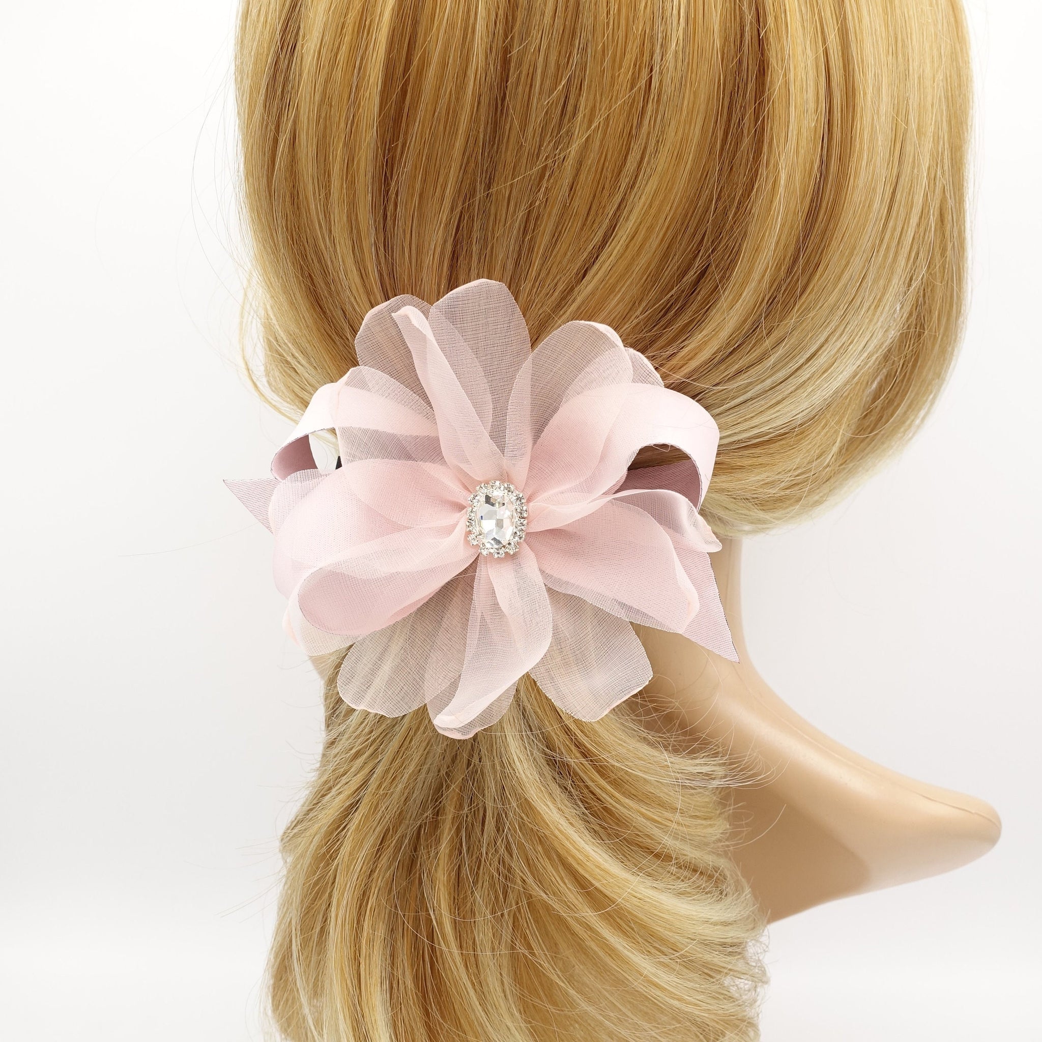 organza petal flower hair barrette rhinestone embellished hair bow women accessory