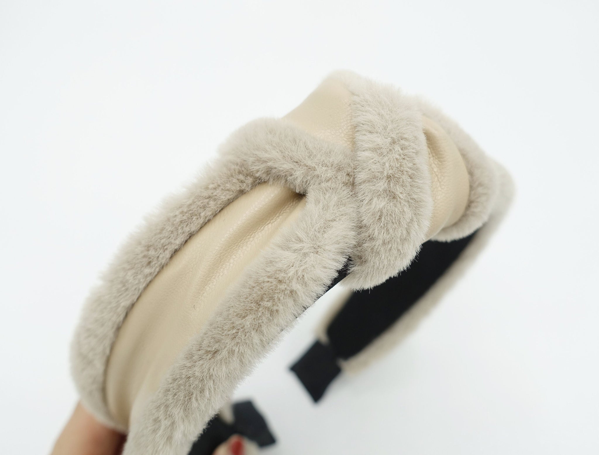 fabric fur edge faux leather knot headband Winter hair accessory for women