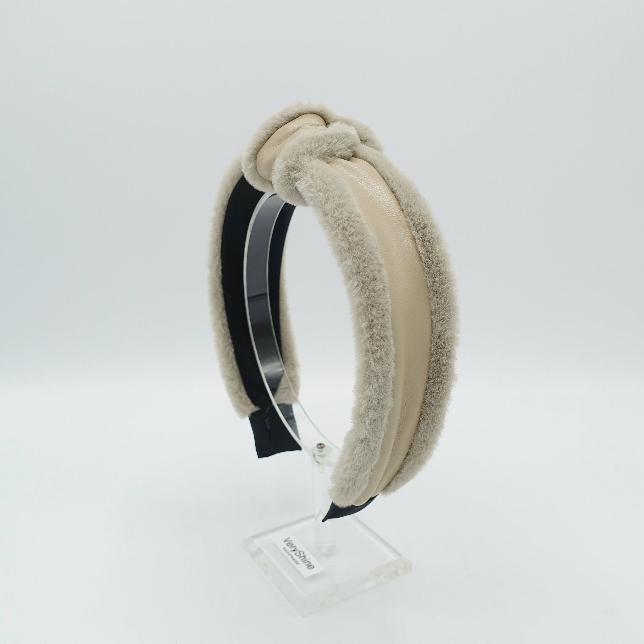 fabric fur edge faux leather knot headband Winter hair accessory for women