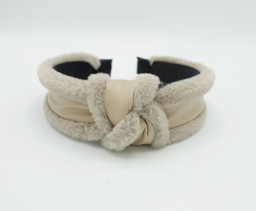 fabric fur edge faux leather knot headband Winter hair accessory for women