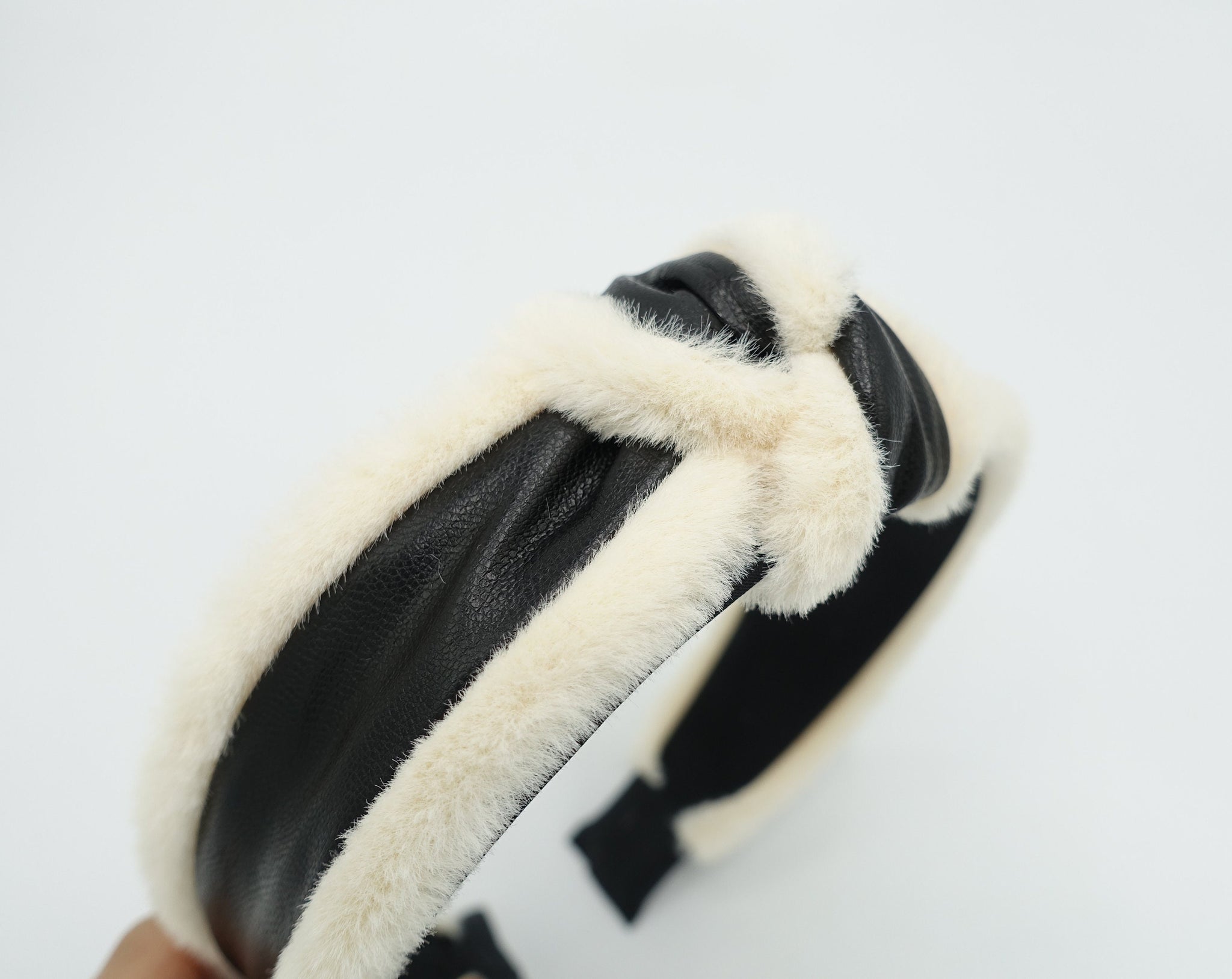 fabric fur edge faux leather knot headband Winter hair accessory for women