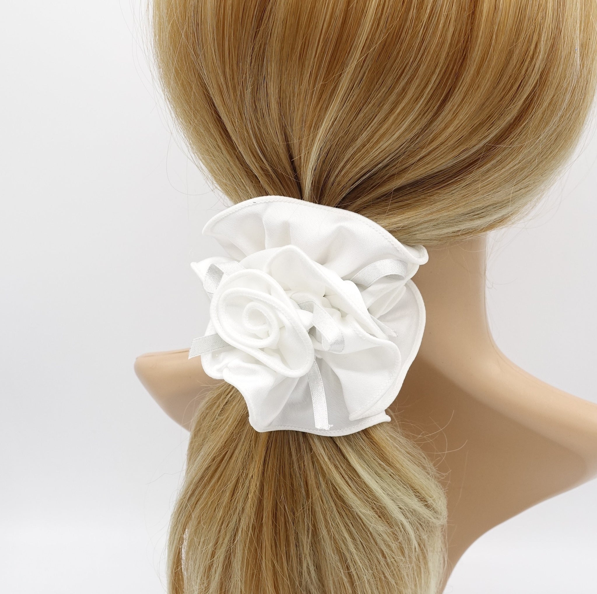 glossy satin flower decorated hair scrunchies woman hair scrunchy