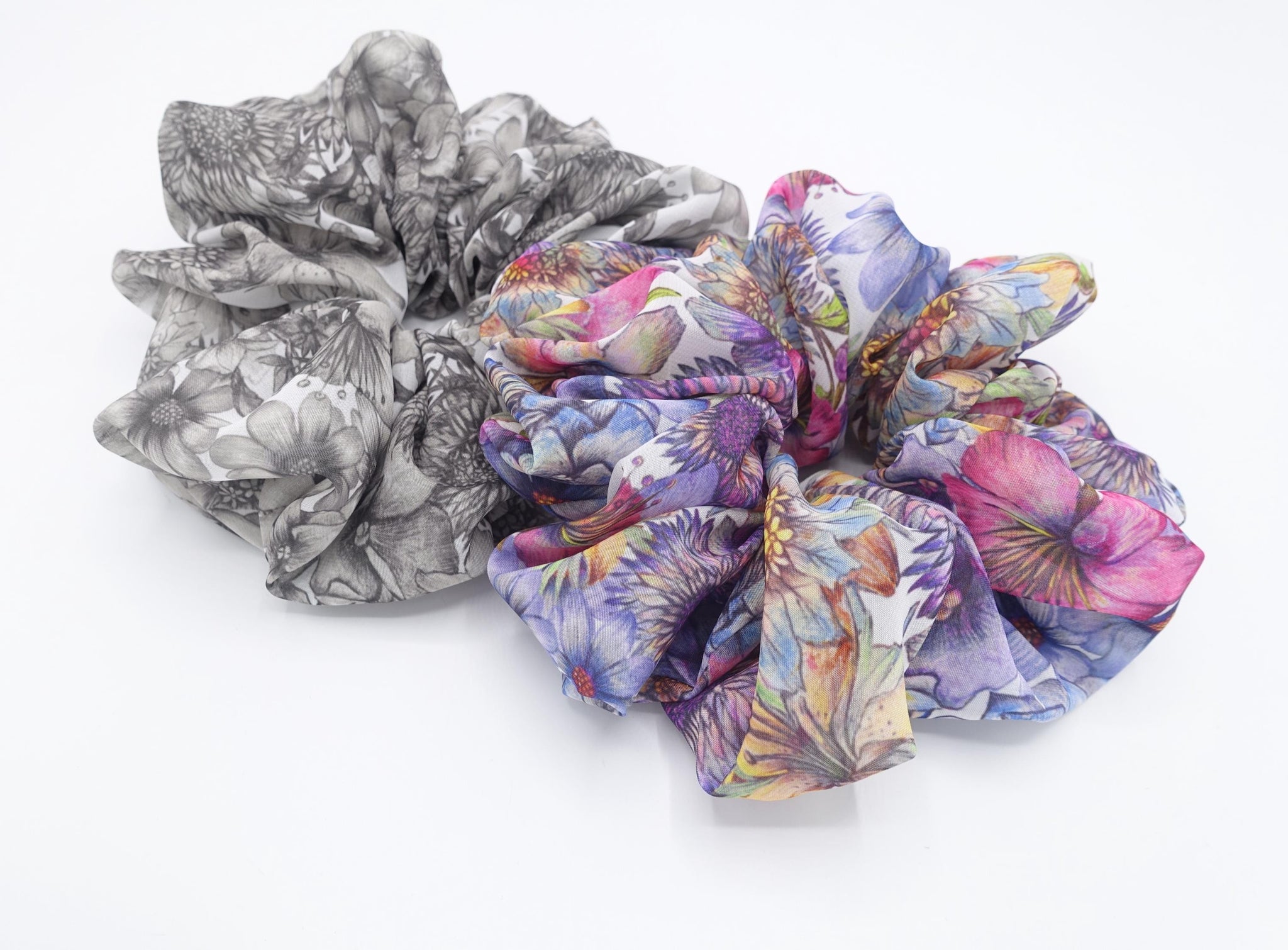 floral scrunchies, chiffon scrunchies. feminine style scrunchies for women