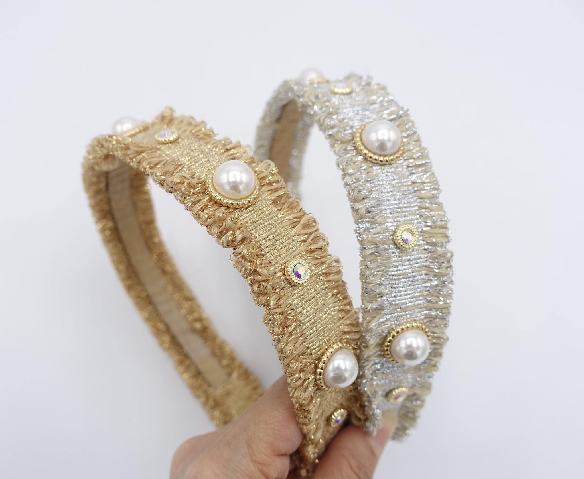 glittering headband, metallic fabric headband, pearl embellished headband