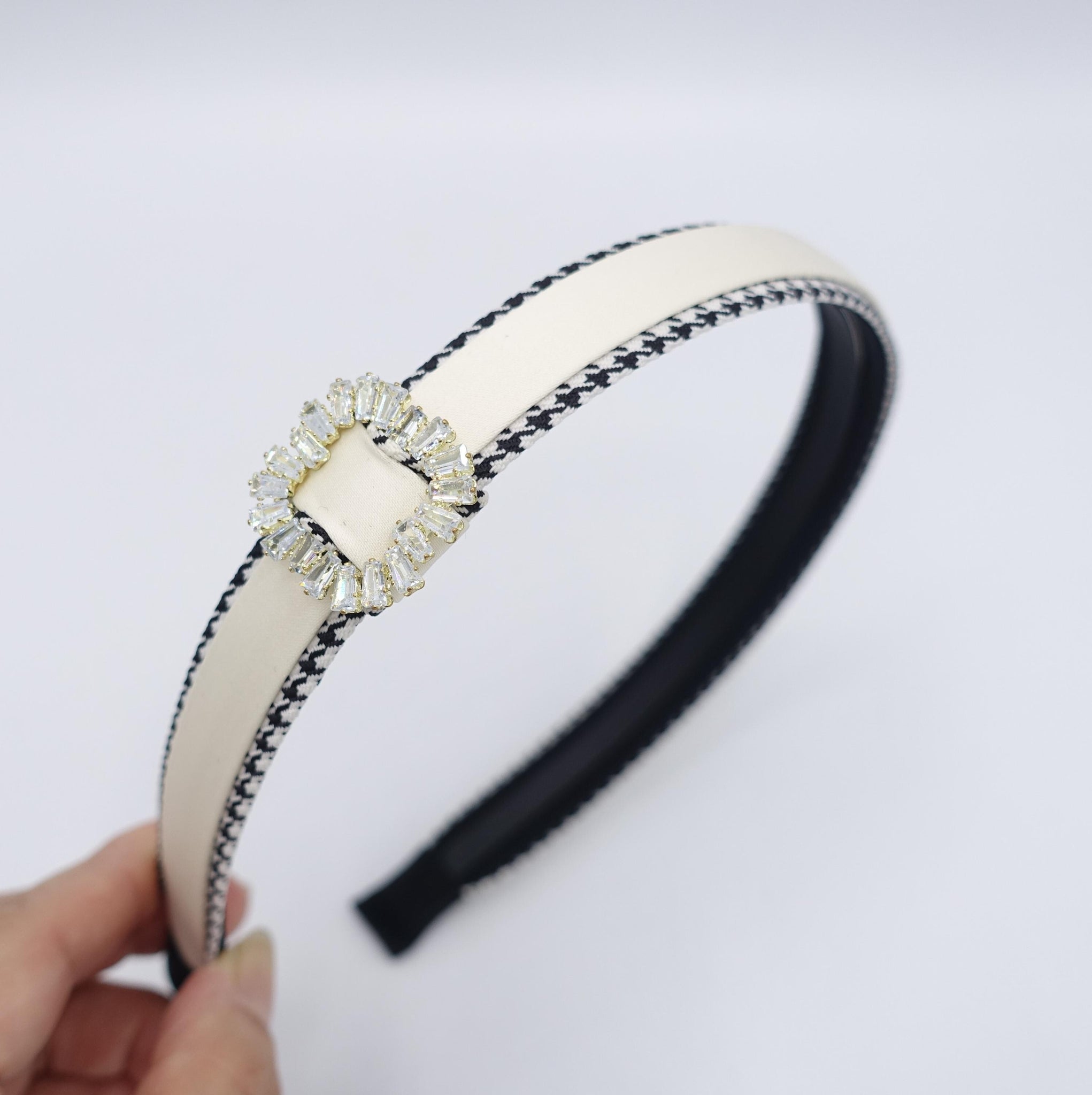 rhinestone buckle headband, satin headband, houndstooth edge headband