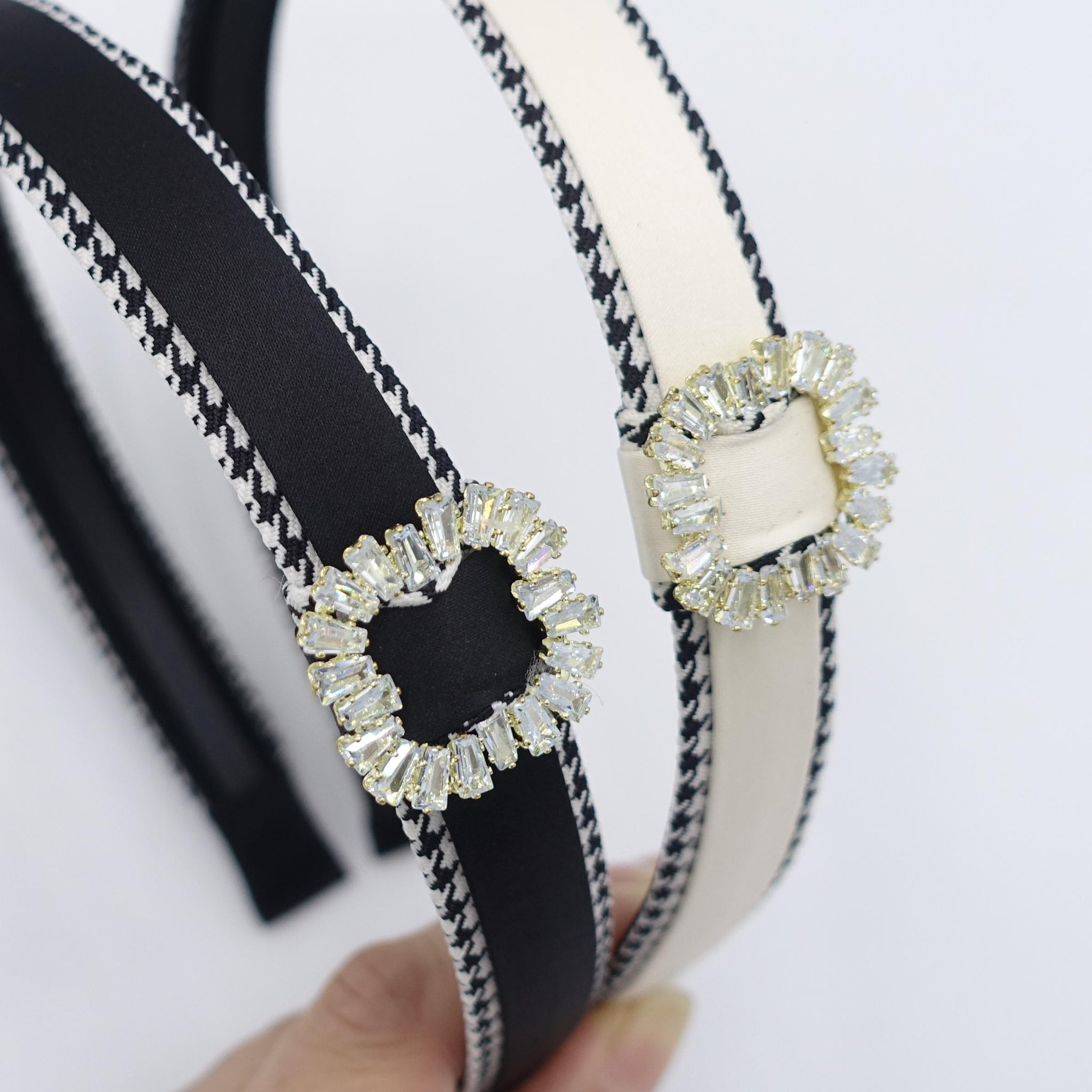rhinestone buckle headband, satin headband, houndstooth edge headband