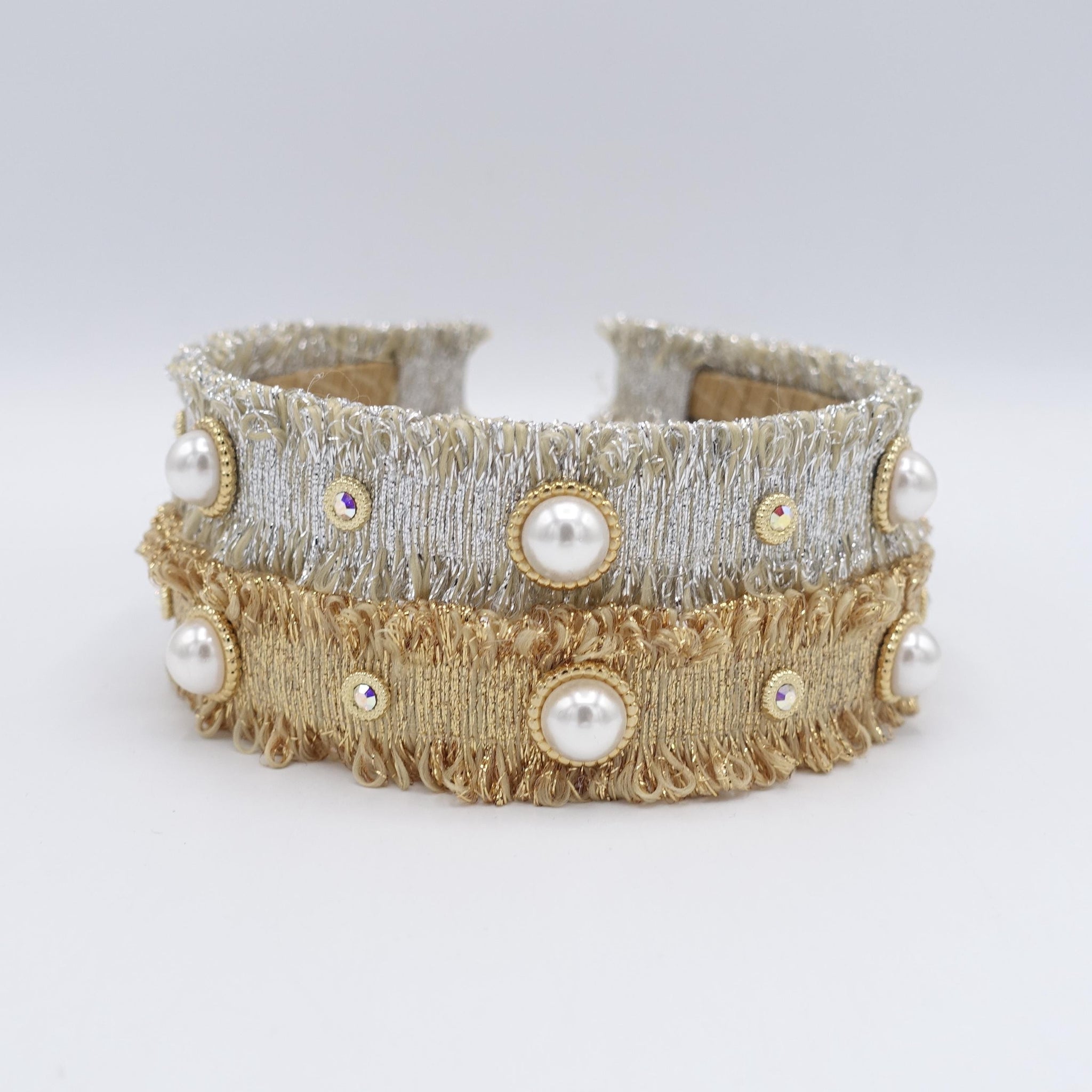 glittering headband, metallic fabric headband, pearl embellished headband