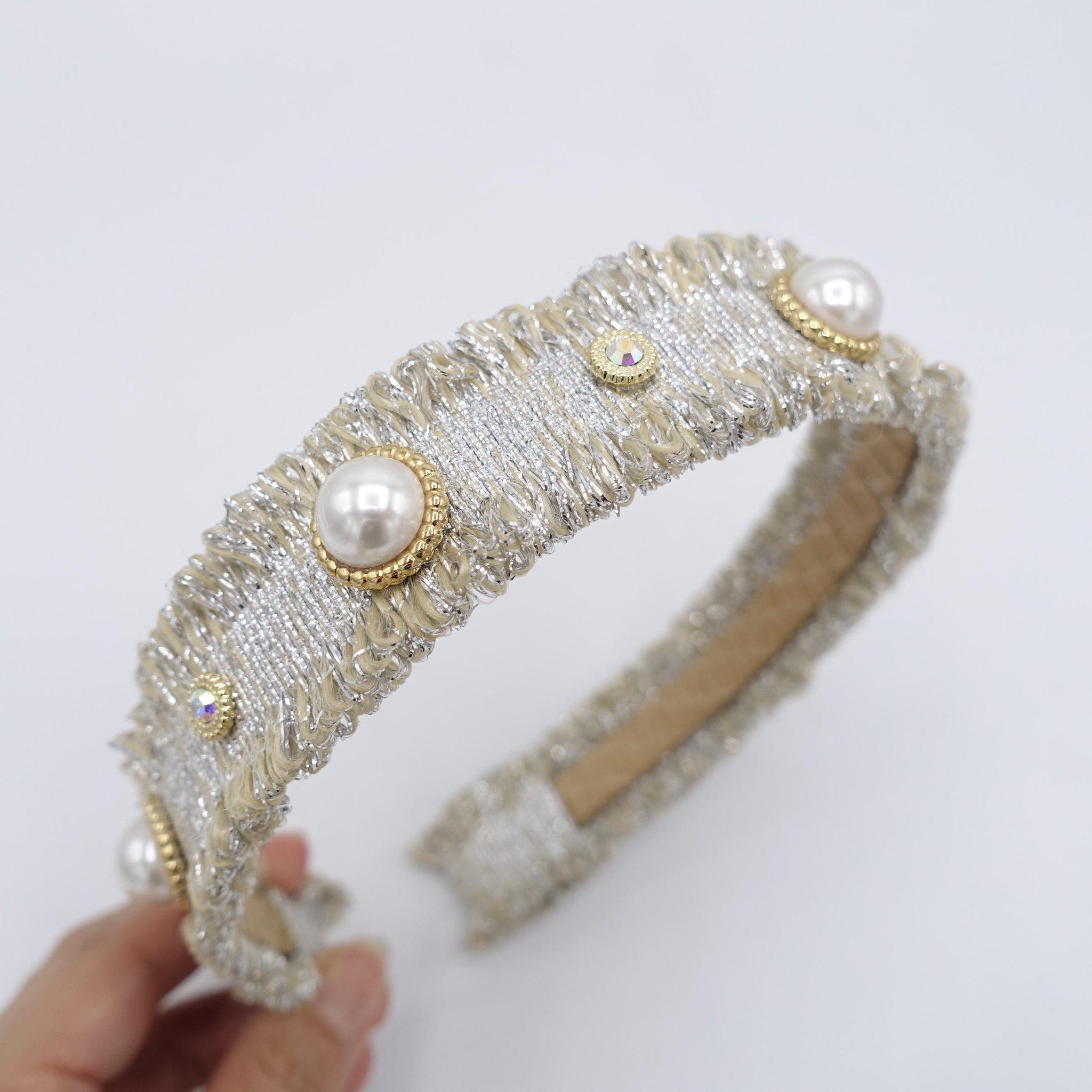 glittering headband, metallic fabric headband, pearl embellished headband