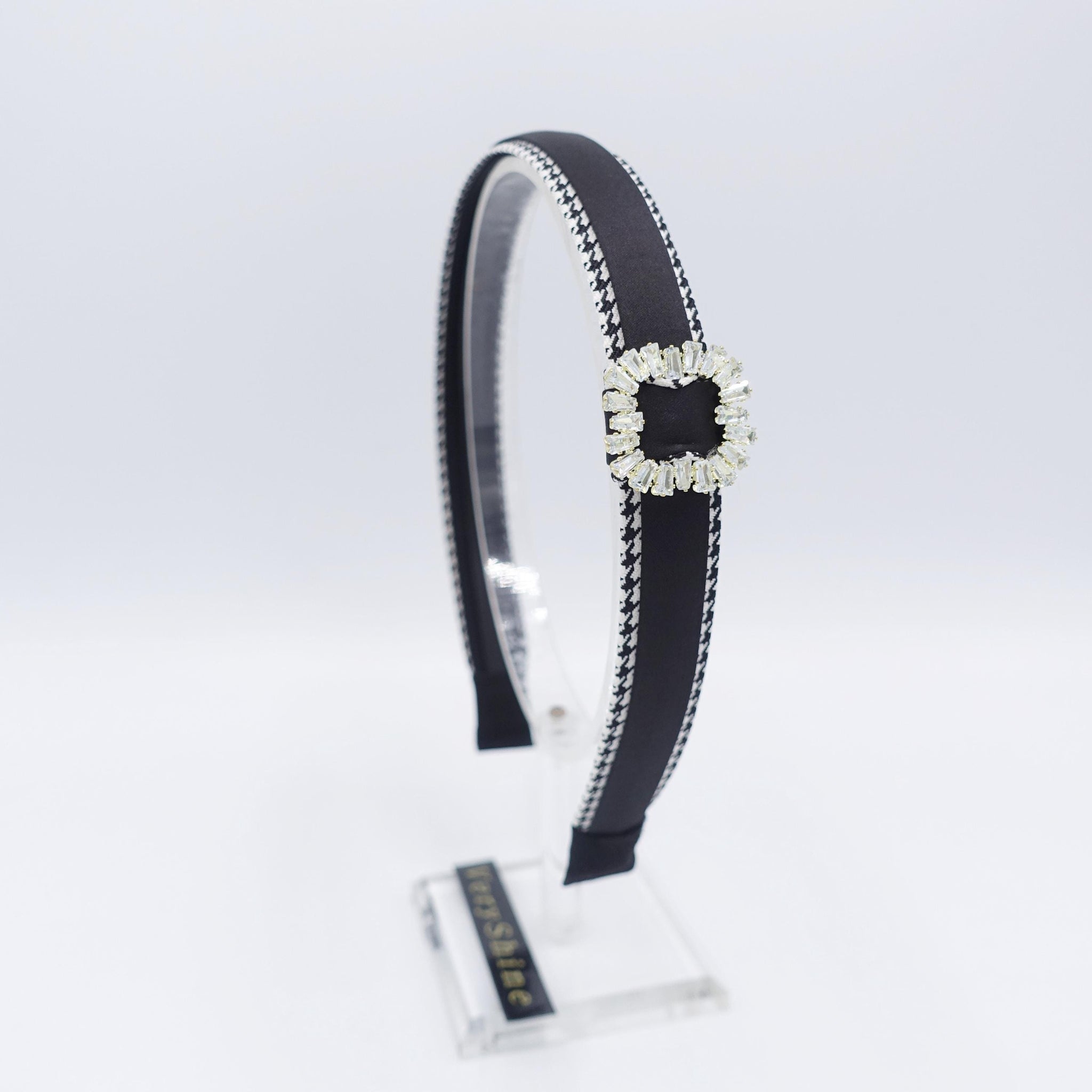 rhinestone buckle headband, satin headband, houndstooth edge headband