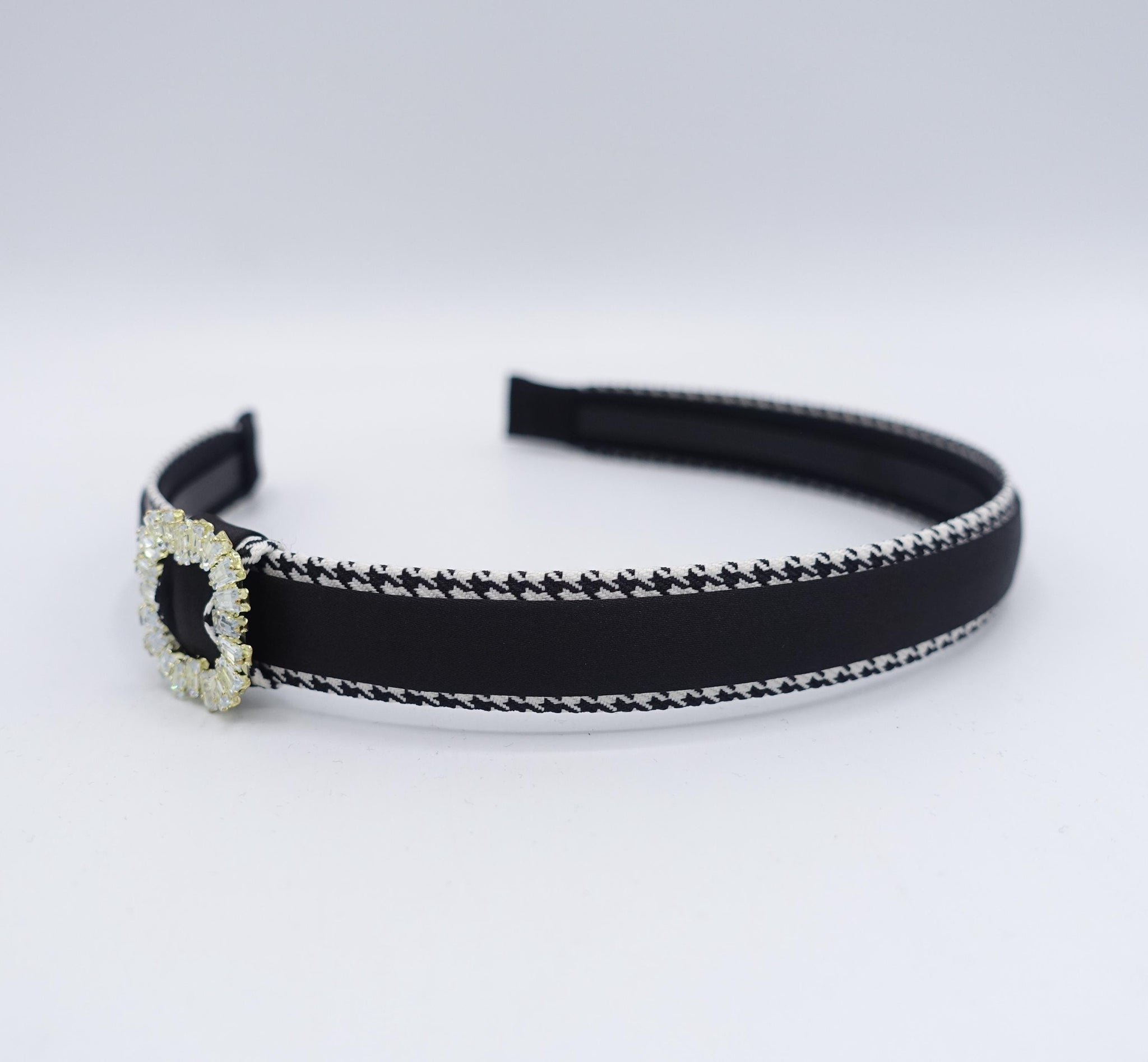 rhinestone buckle headband, satin headband, houndstooth edge headband
