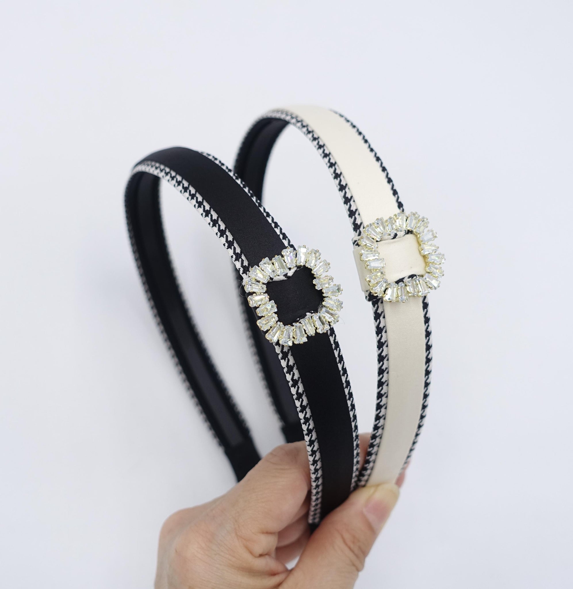 rhinestone buckle headband, satin headband, houndstooth edge headband