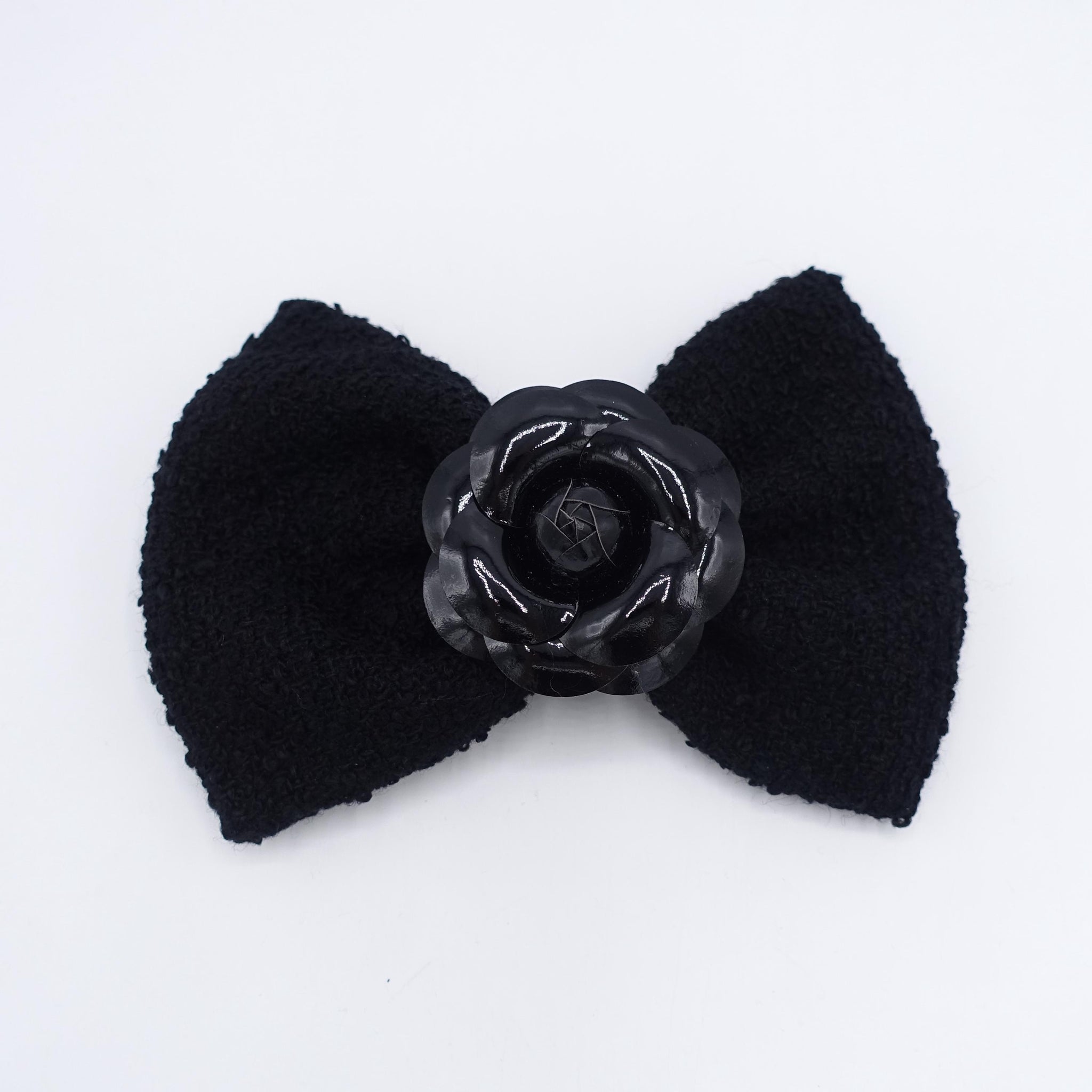 black Tweed Hair Bow: Camelia flower embellished