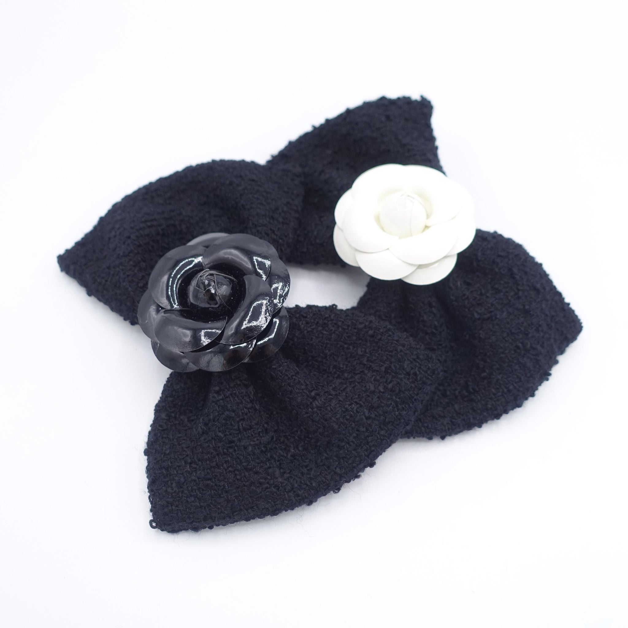 black Tweed Hair Bow: Camelia flower embellished