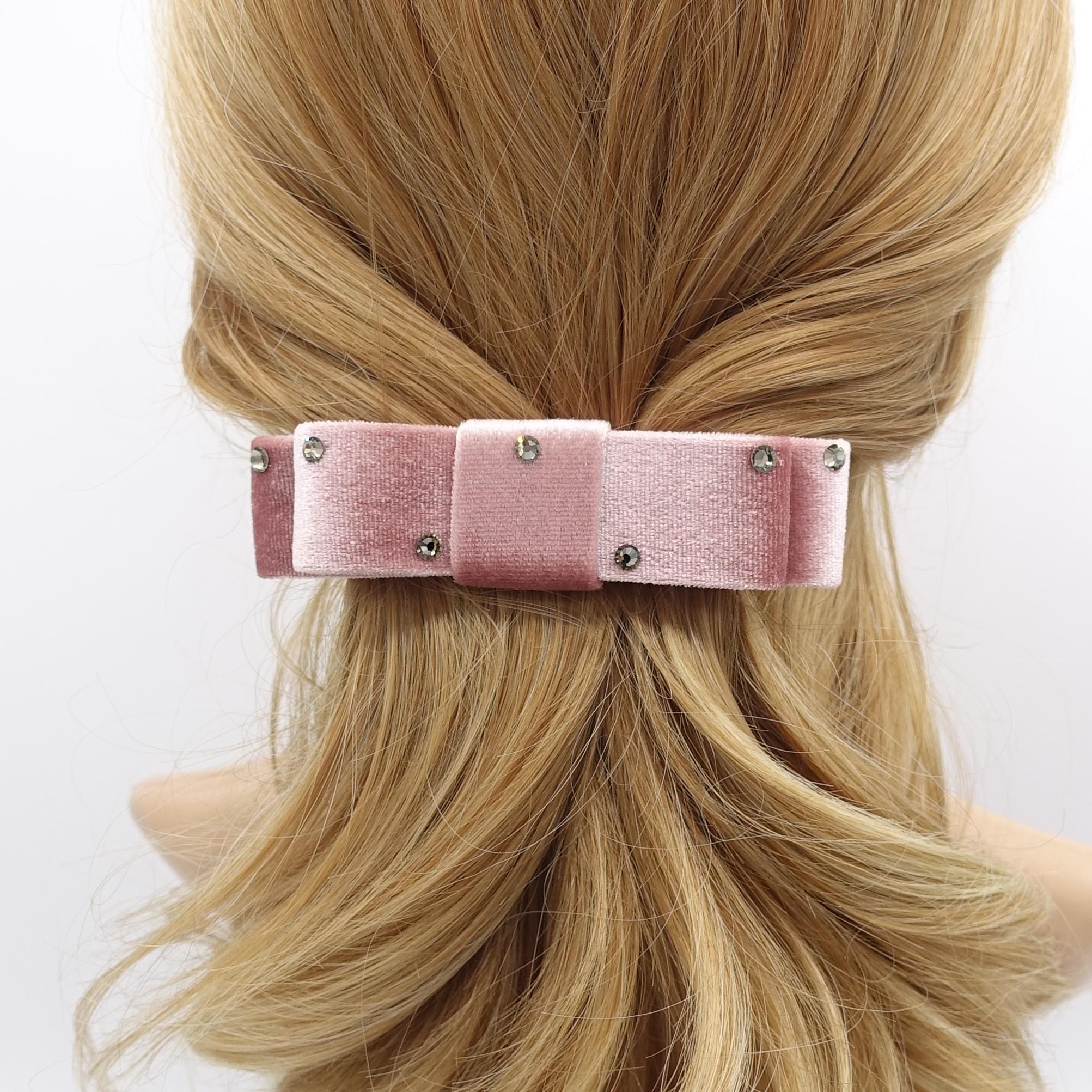 velvet hair bow, rhinestone attached, flat style