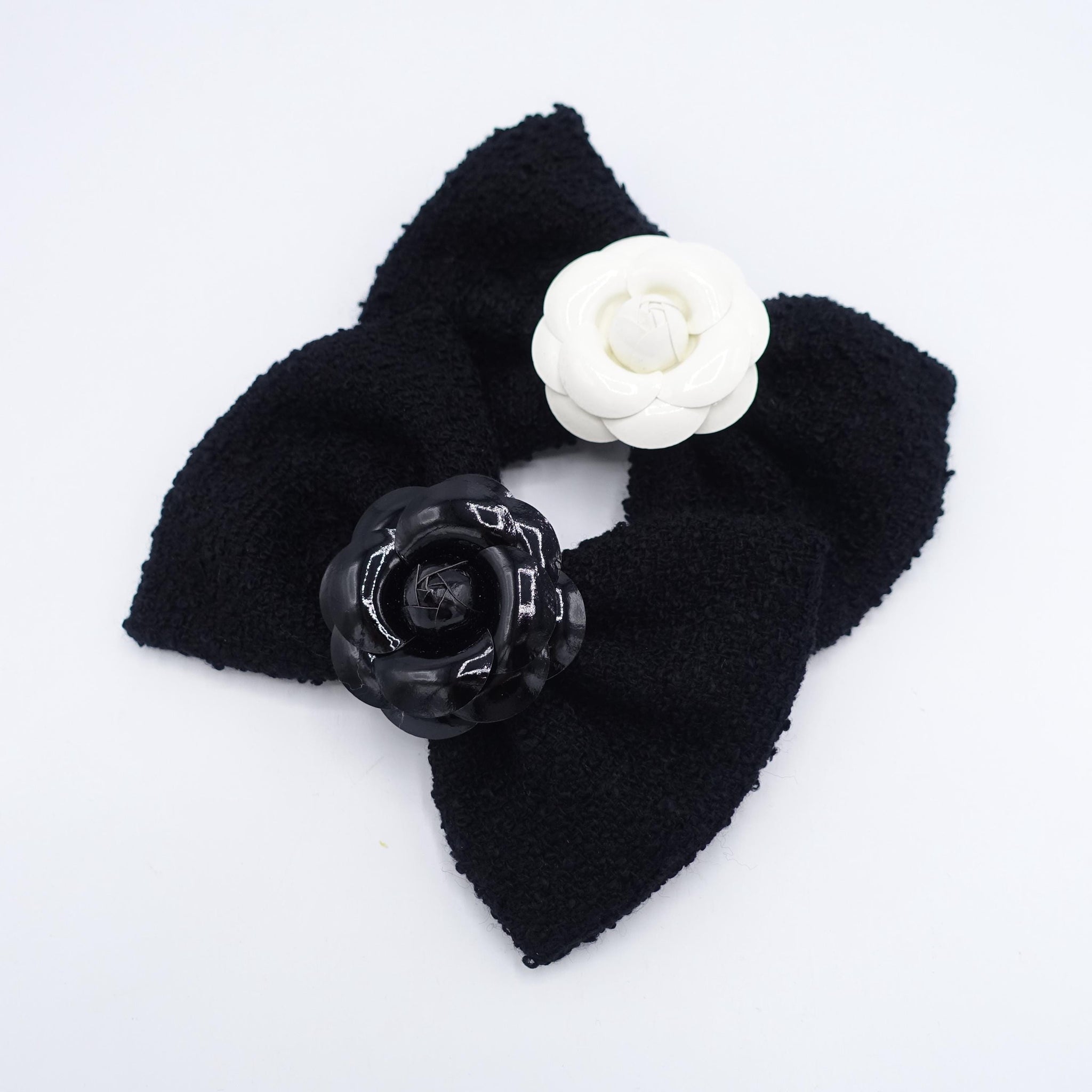 black Tweed Hair Bow: Camelia flower embellished