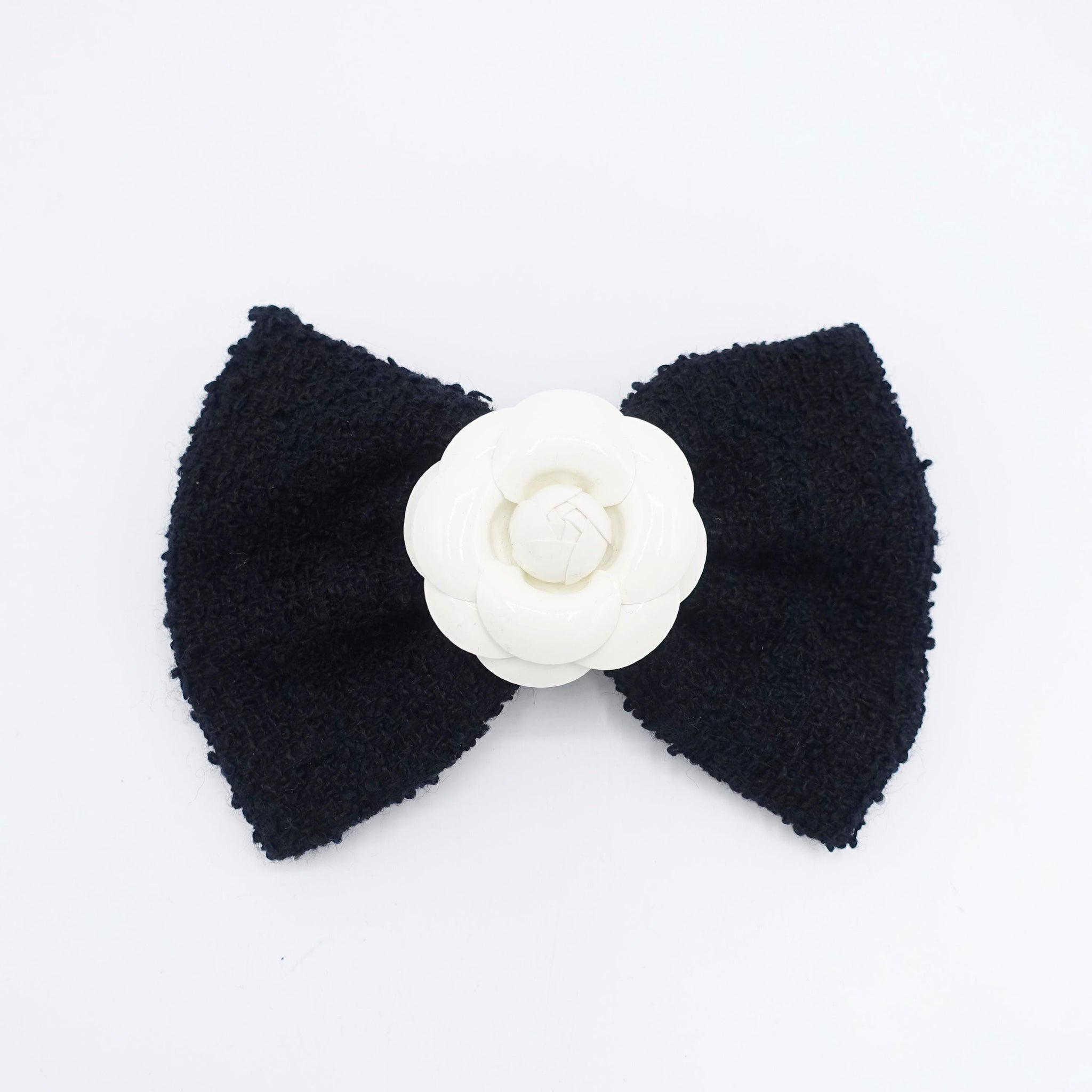 black Tweed Hair Bow: Camelia flower embellished