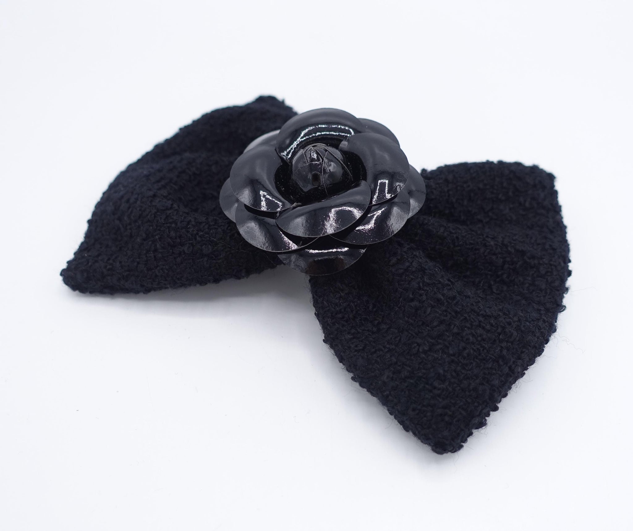 black Tweed Hair Bow: Camelia flower embellished