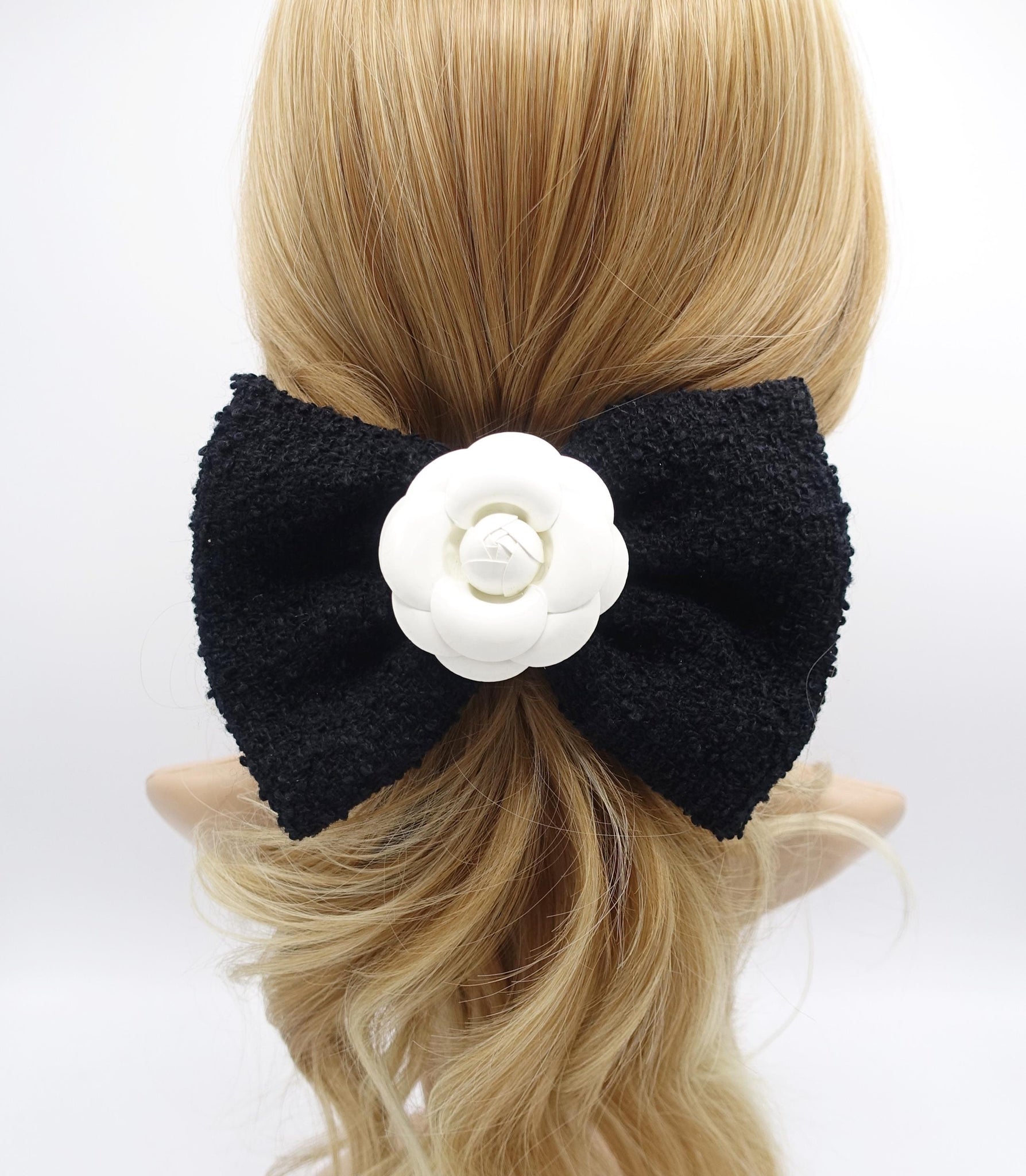 black Tweed Hair Bow: Camelia flower embellished