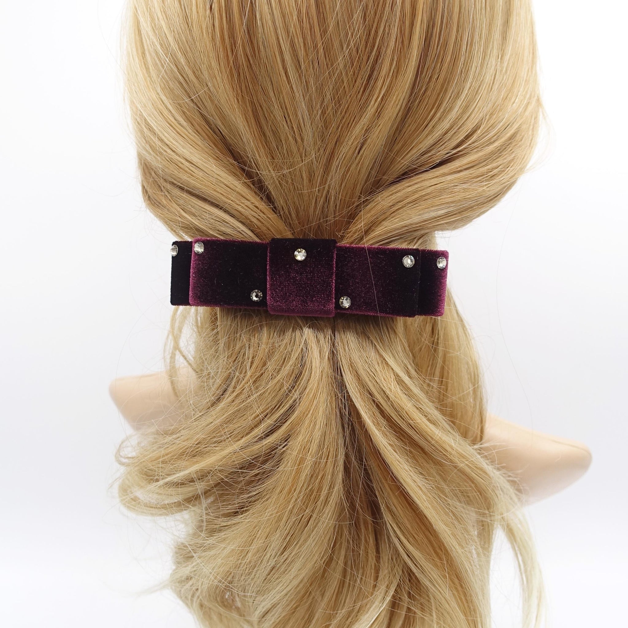 velvet hair bow, rhinestone attached, flat style