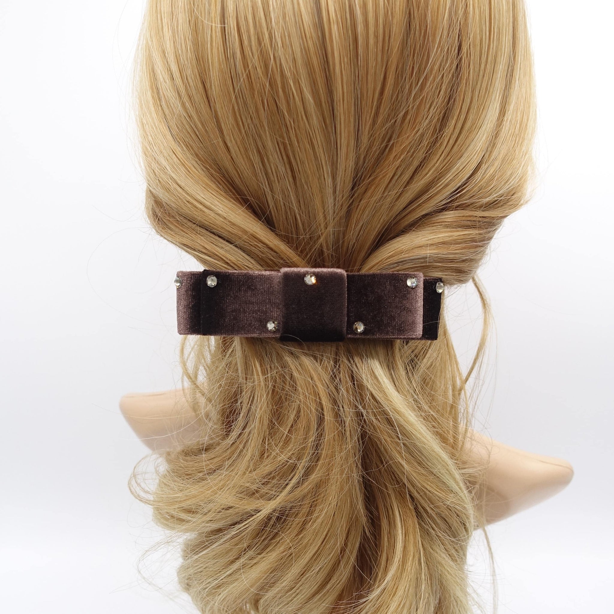 velvet hair bow, rhinestone attached, flat style
