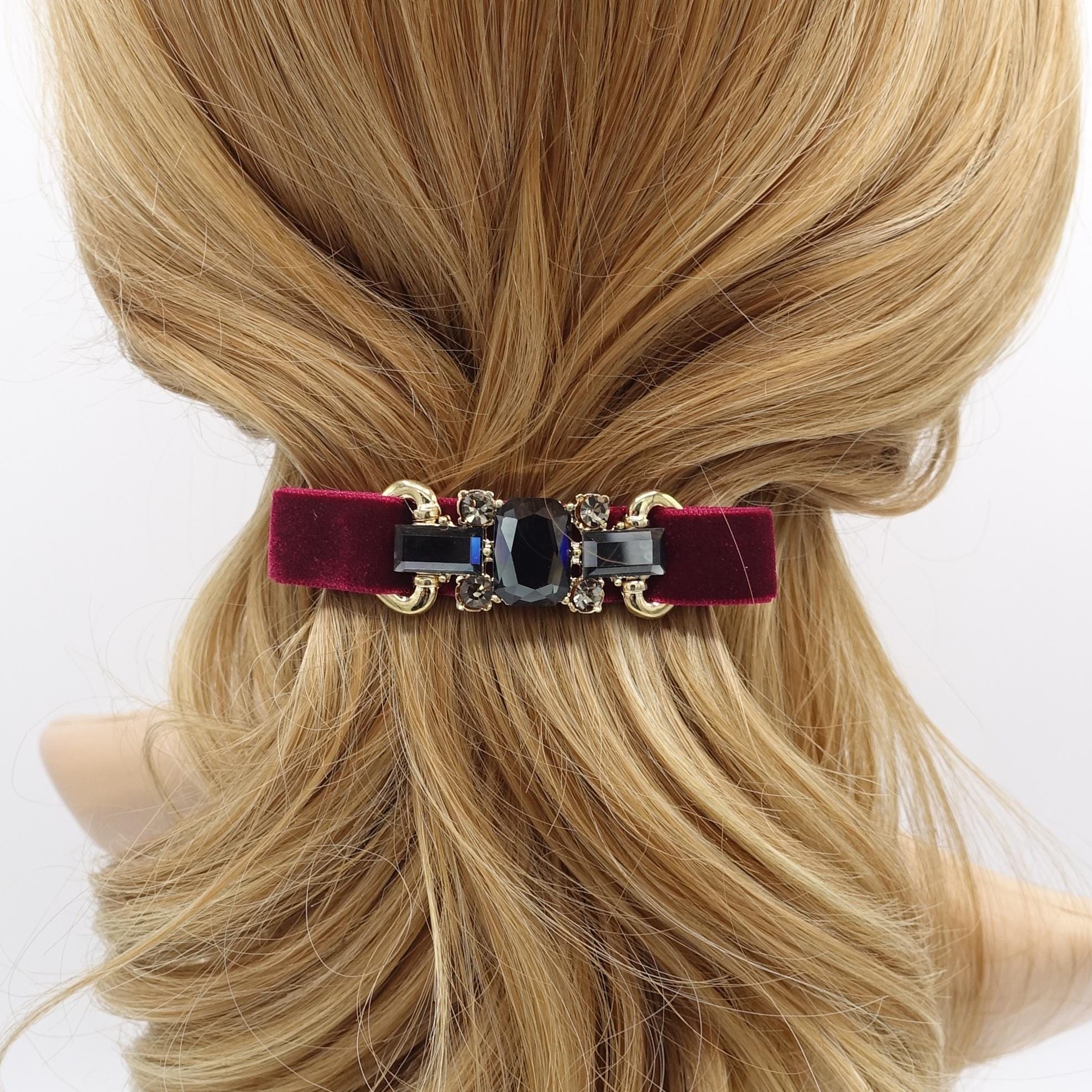 velvet hair bow, glass rhinestone buckle embellished