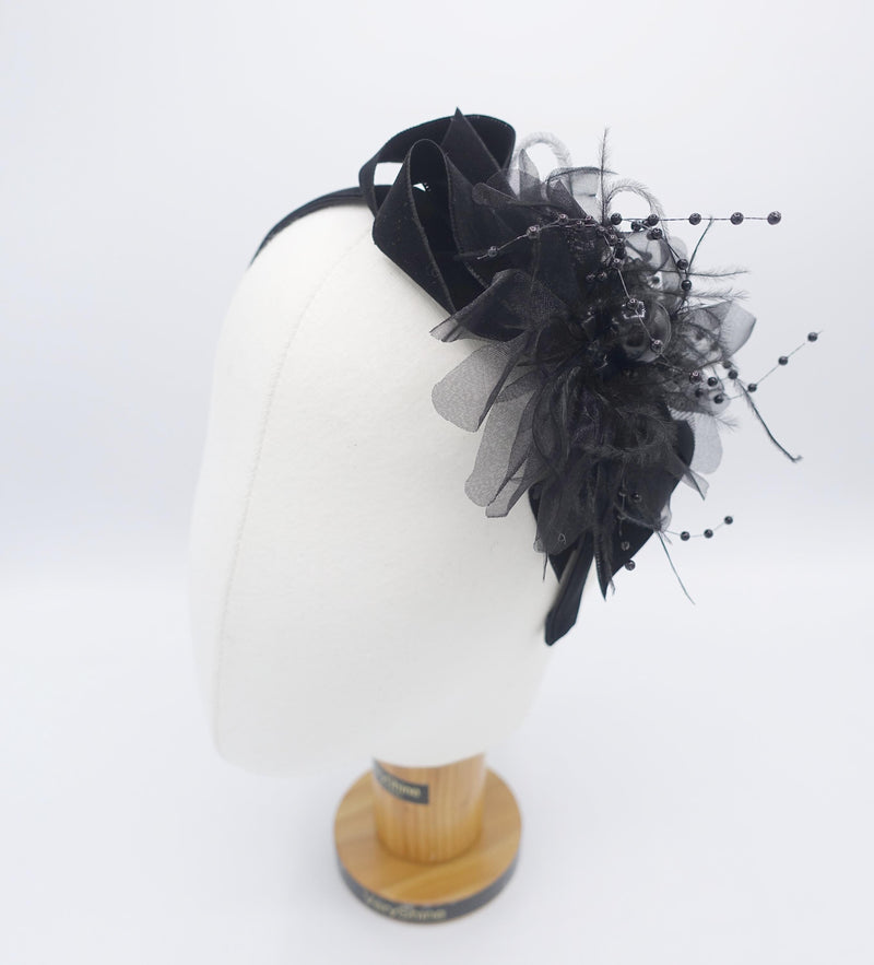 black velvet bow headband, fascinator headband, flower embellished headband