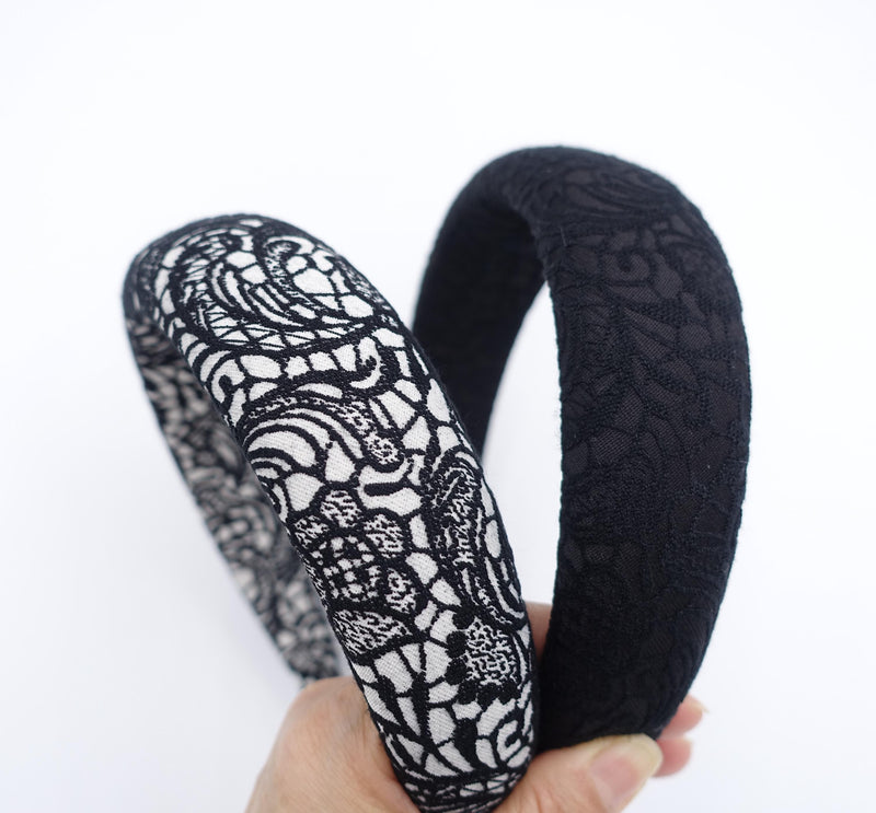 Paisley Lace Padded Headband, Black and White Floral Lace Hairband, Elegant Statement Headpiece, Thick Wedding Guest Hair Accessories