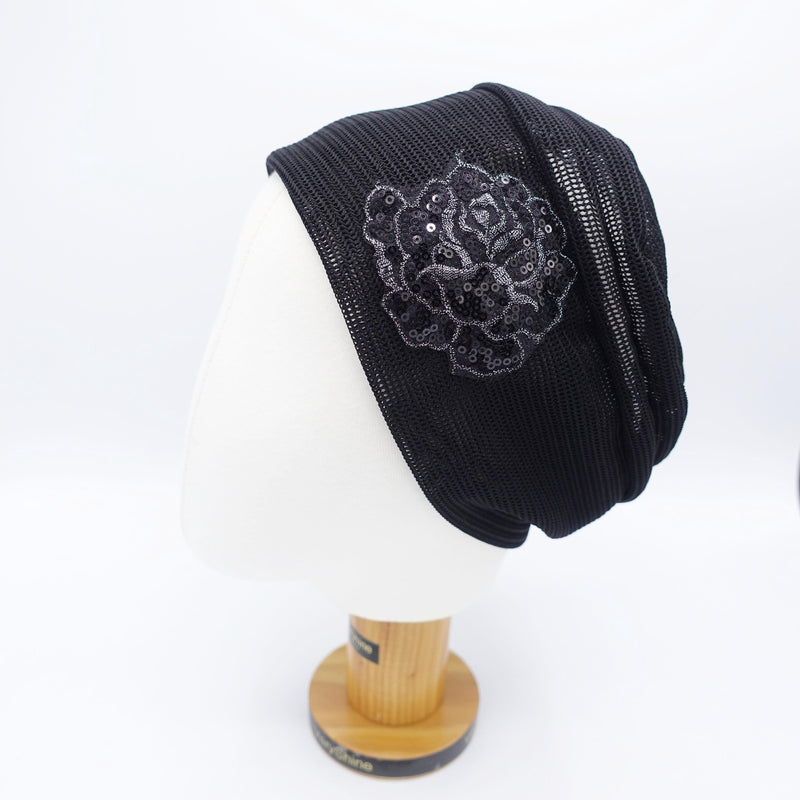 black mesh beanie, sequin flower embellished hat, stretchable Spring/Summer fashion hat for women