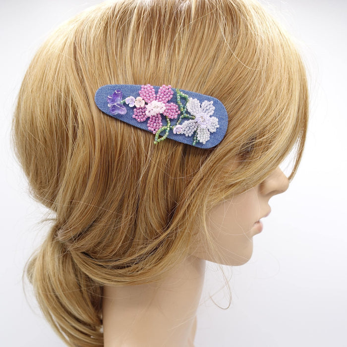 Beaded Blossom Denim Snap Clip