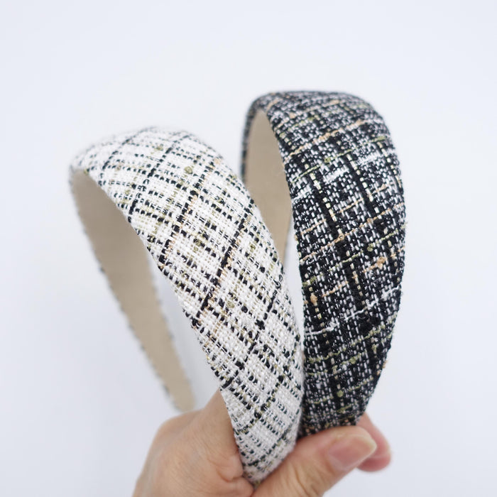 Tweed Padded Headband for Women – Black & White Woven Wide Hairband – Classic Textured Headband