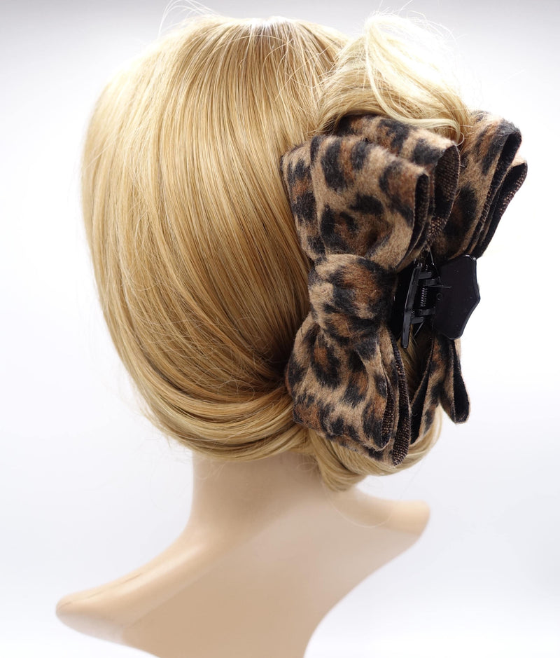 Wool Leopard Print Bow Hair Claw Clip, Oversized Animal Print Hair Bow, Soft Fuzzy Hair Accessory for Women, Fall Winter Hair Clip