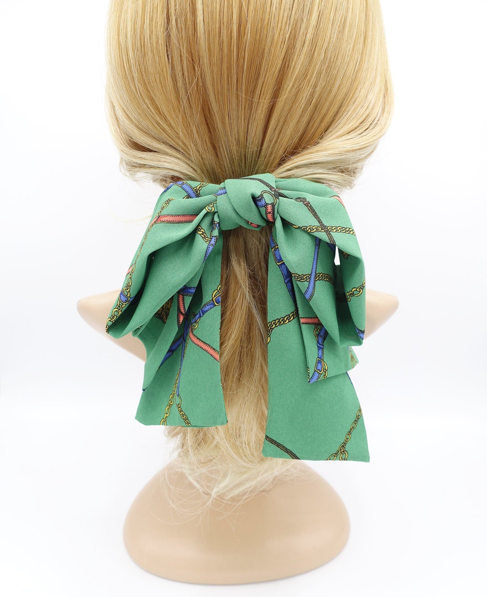 VeryShine claw/banana/barrette Green chain strap print chiffon hair bow big layered tail bow stylish hair accessory for women