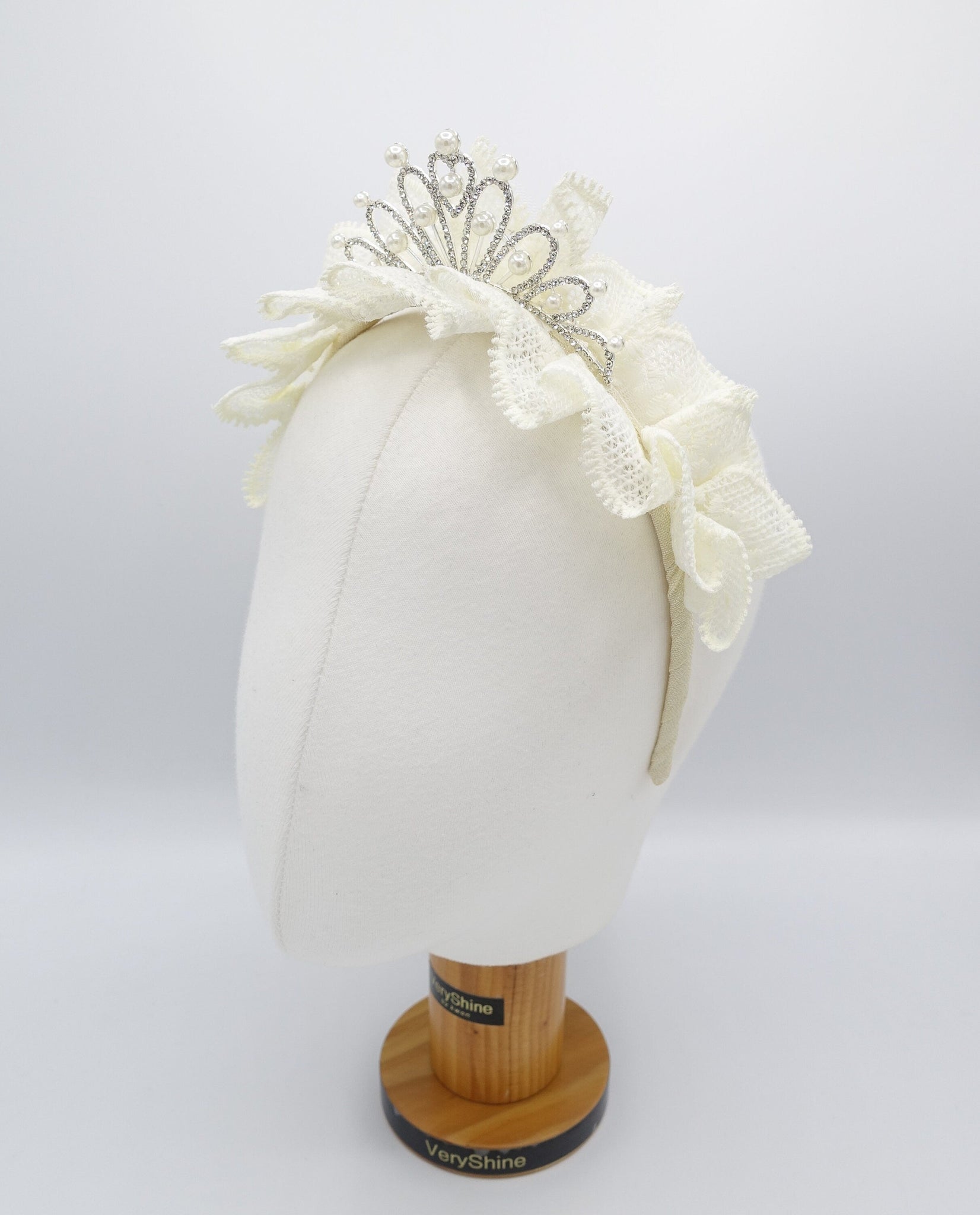 veryshine.com Baby & Kids Cream white tiara ruffle lace headband for kids and girls